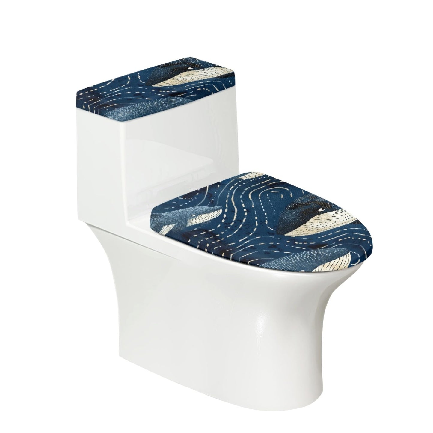 Set of 2 Japanese Waves Octopus Toilet Lid Tank Cover Art Teal Blue