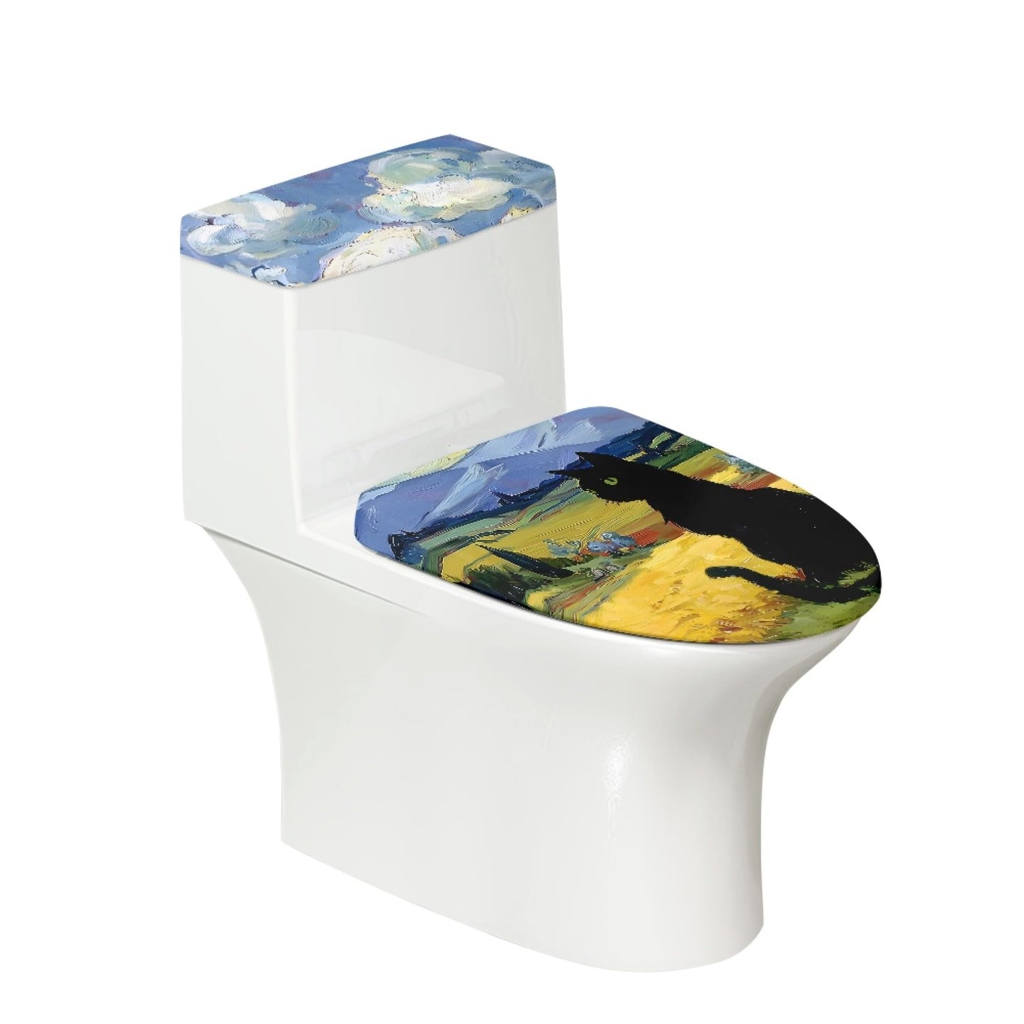 Set of 2 Cute Cat Velvet Toilet Lid Tank Cover Soft Decor Yellow Brown