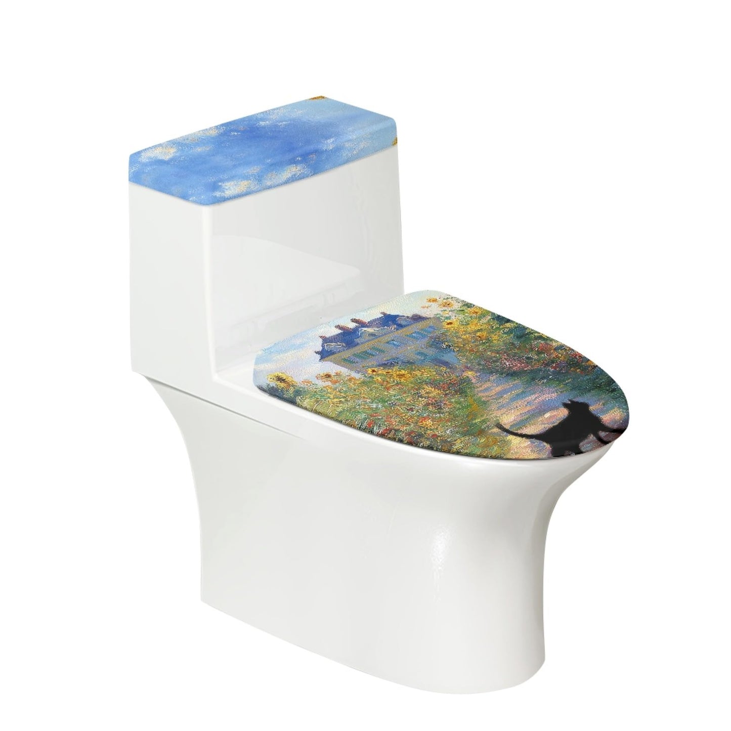 Cat Set of 2 Toilet Lid Cover Tank Set Plush Bathroom Set Beige Blue