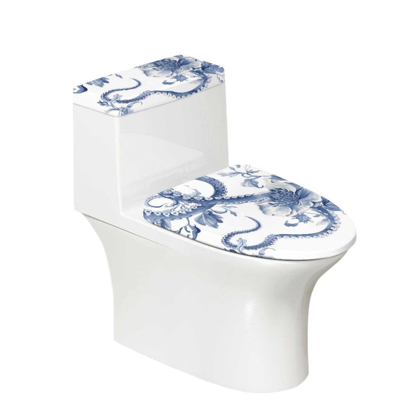 Set of 2 Japanese Waves Octopus Toilet Lid Tank Cover Art Teal Blue