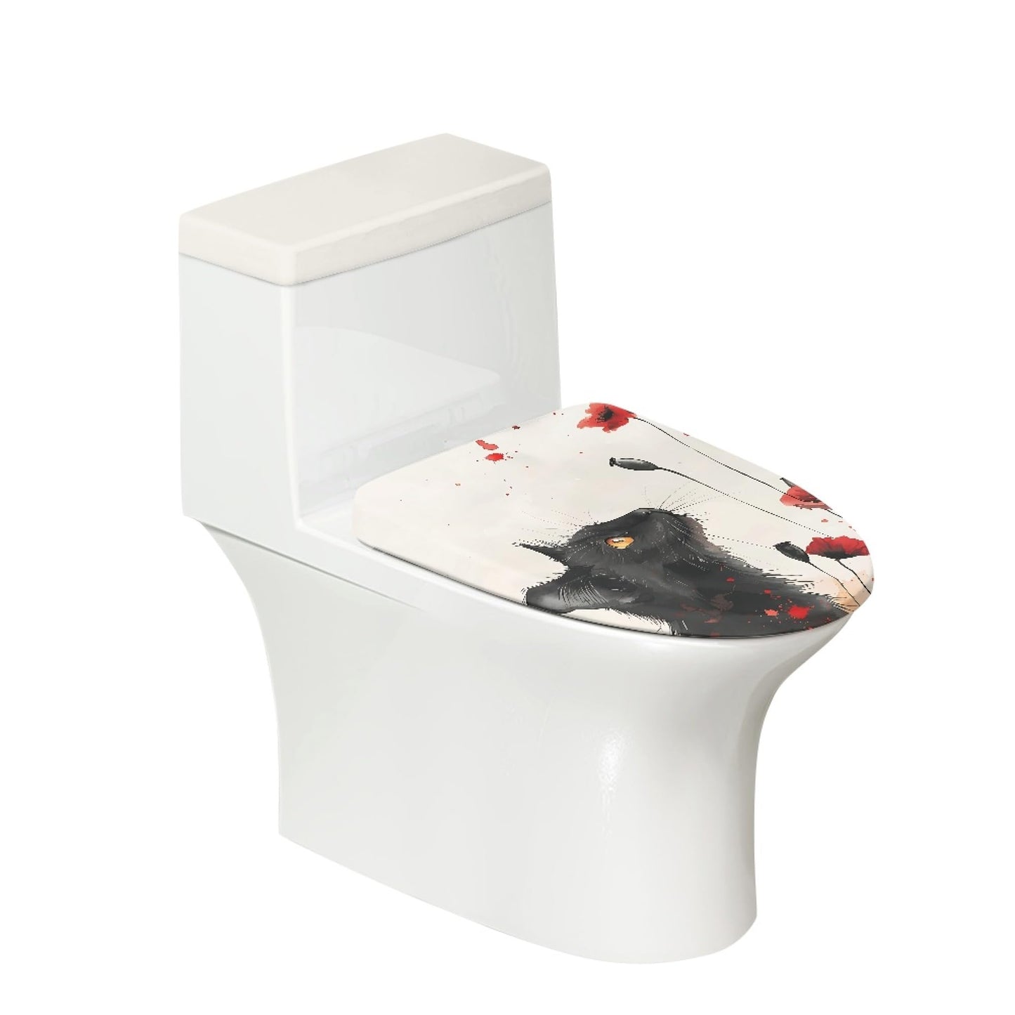 Set of 2 Cat Print Toilet Lid Tank Cover Soft Plush Set grey white