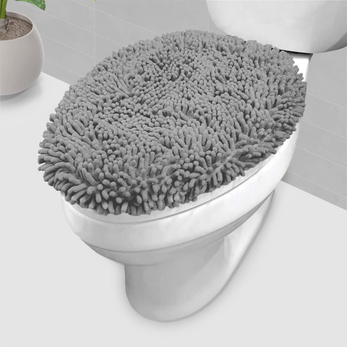 LuxUrux Premium Chenille Microfiber Toilet Lid Cover, Soft Plush Toilet Seat Cover Set for Bathroom, Non-Slip Stretch Fit, Machine Washable, Fits Standard & Elongated Toilet Seat Lid (Light Gray)