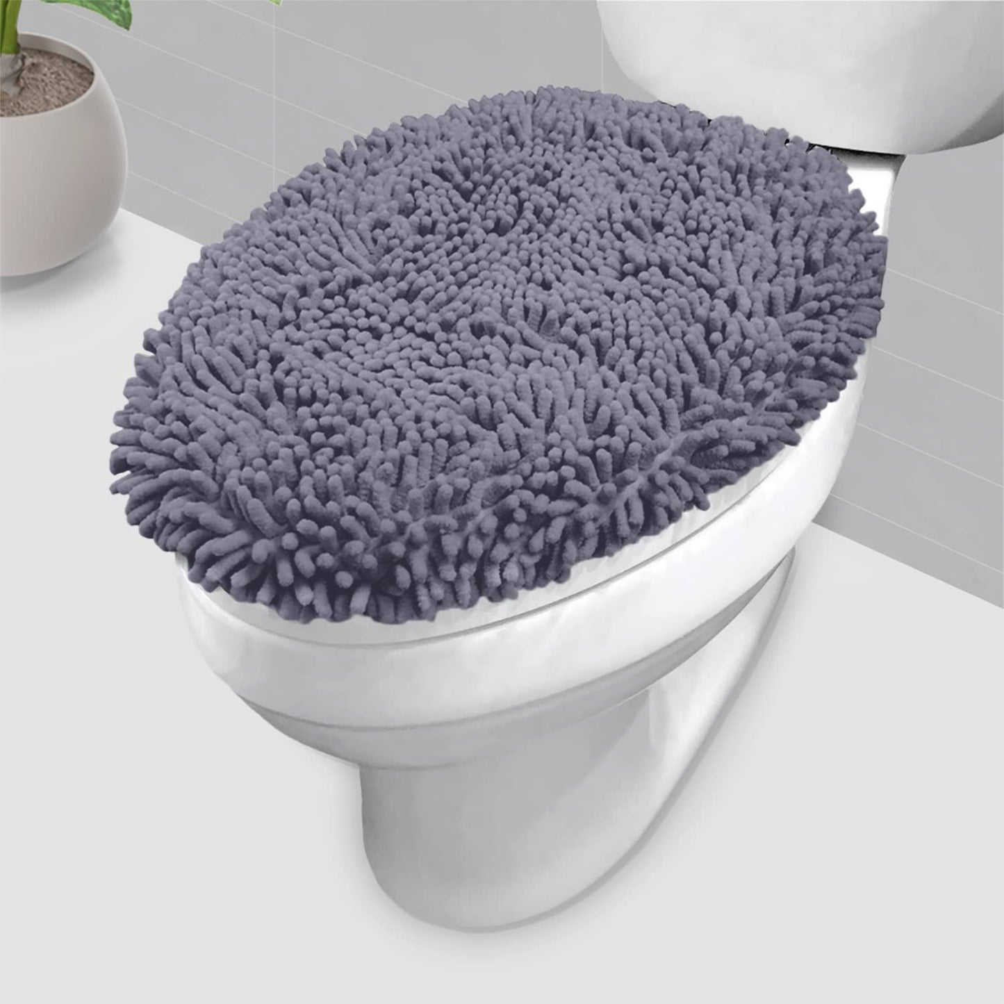 LuxUrux Premium Chenille Microfiber Toilet Lid Cover, Soft Plush Toilet Seat Cover Set for Bathroom, Non-Slip Stretch Fit, Machine Washable, Fits Standard & Elongated Toilet Seat Lid (Light Gray)