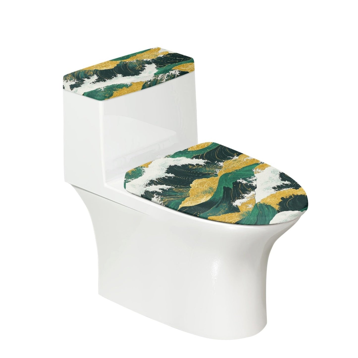 Set of 2 Japanese Waves Fish Toilet Lid Tank Cover Plush Navy White