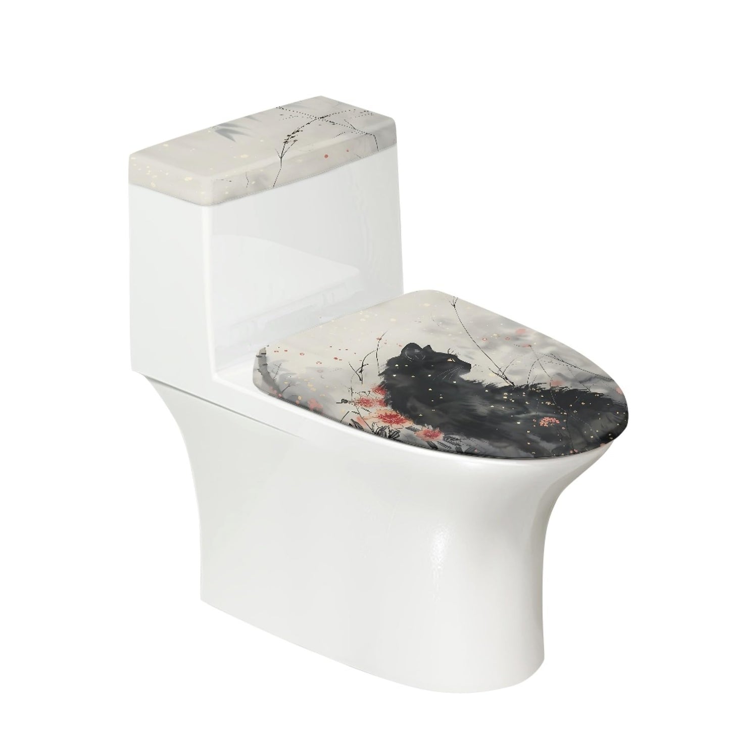 Set of 2 Cat Print Toilet Lid Tank Cover Soft Plush Set gray black