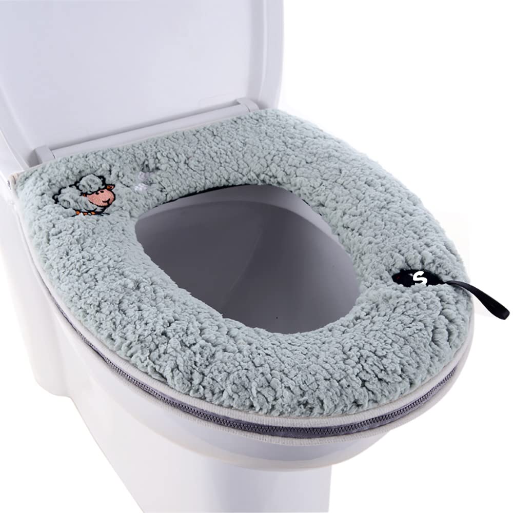 Warm Plush Washable Thicken Toilet Seat Cover Pads Mat with Handle and Zipper (Gray)