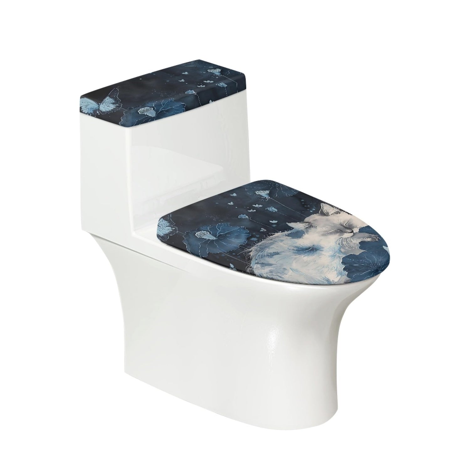Set of 2 Cat Print Toilet Lid Tank Cover Soft Plush Set grey white