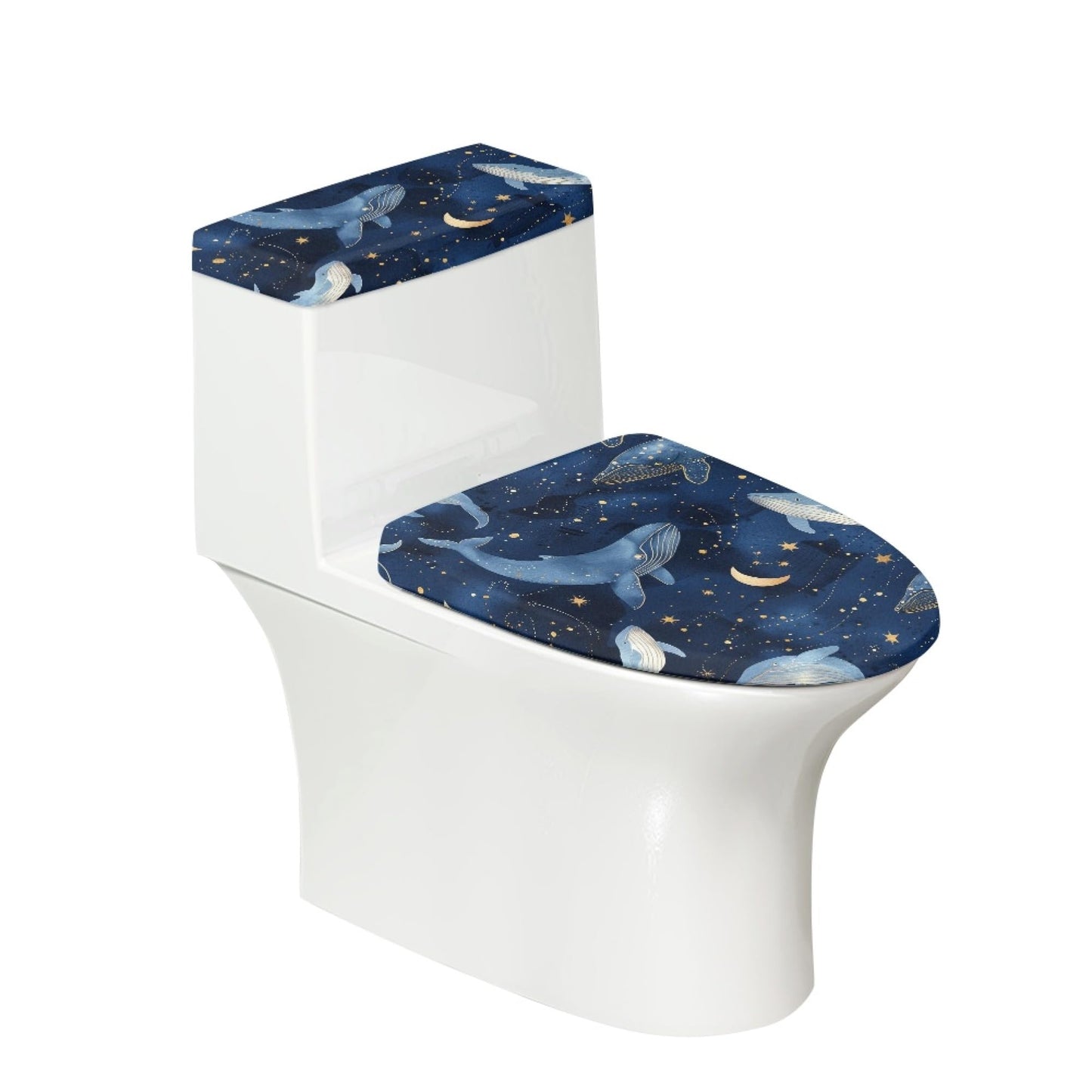 Set of 2 Japanese Waves Fish Toilet Lid Tank Cover Plush Navy White