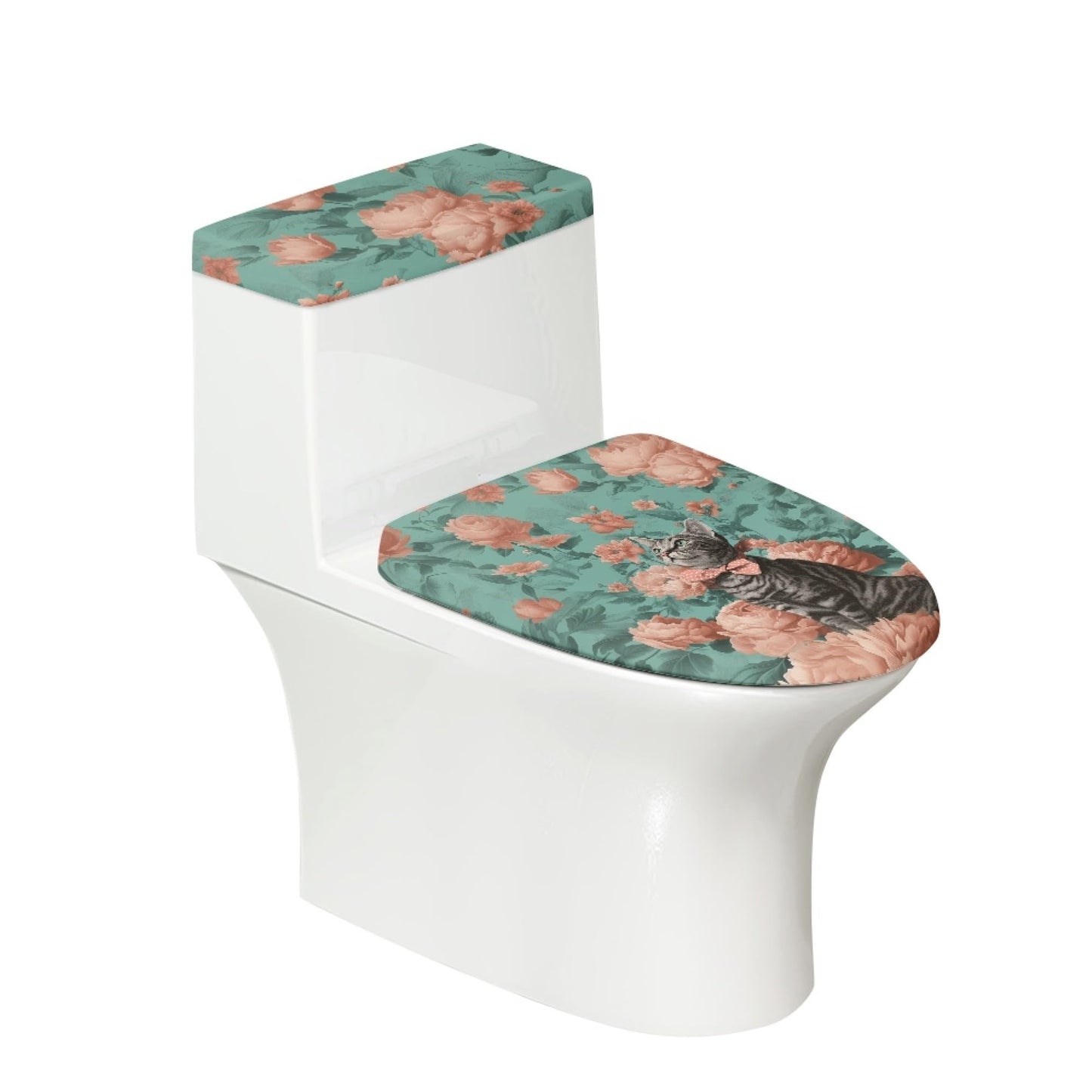 Set of 2 Cute Cat Velvet Toilet Lid Tank Cover Soft Decor Beige Brown