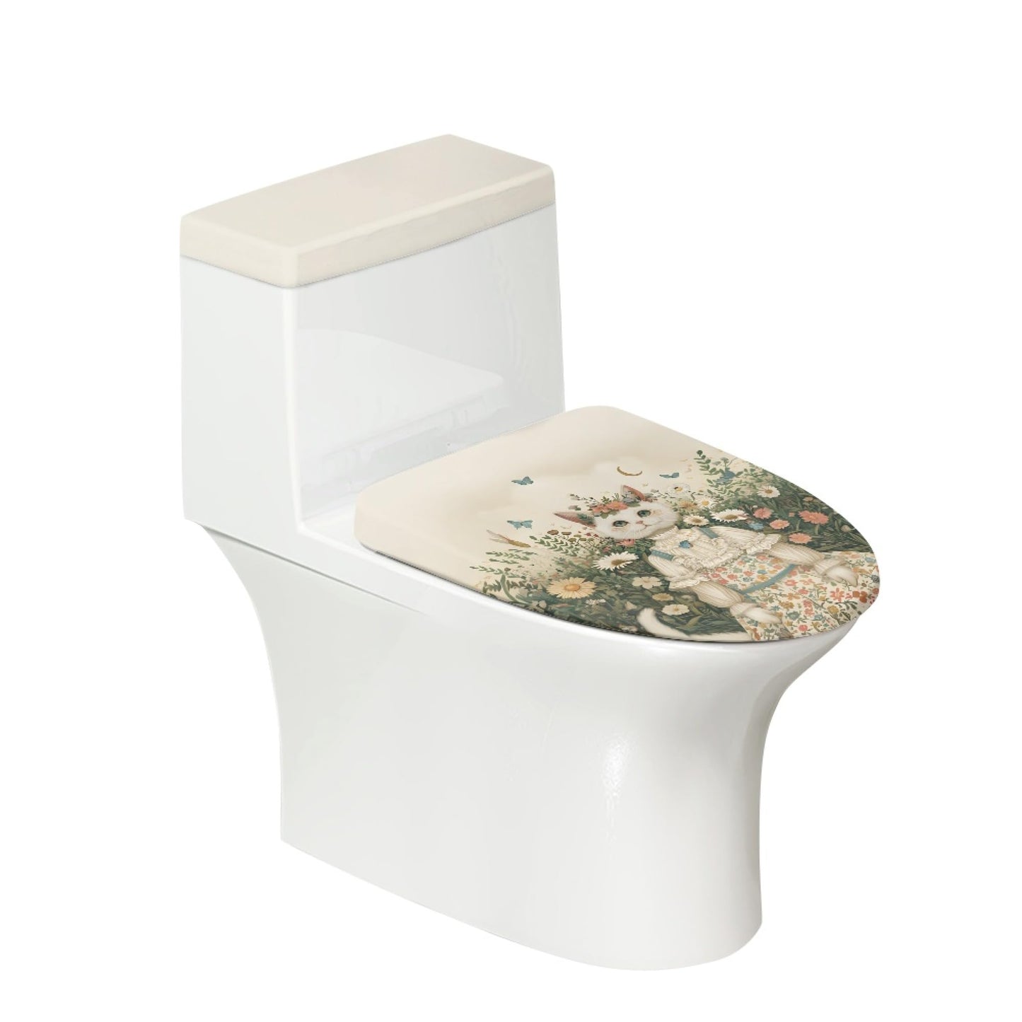 Cat Set of 2 Toilet Lid Cover Tank Set Plush Bathroom Set Beige Blue
