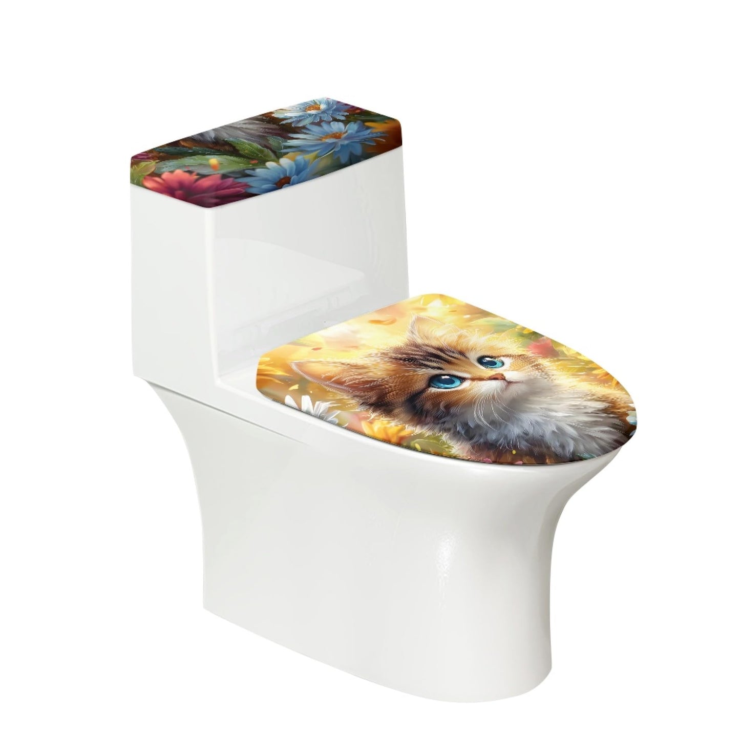 Set of 2 Cute Cat Velvet Toilet Lid Tank Cover Soft Decor Yellow Brown