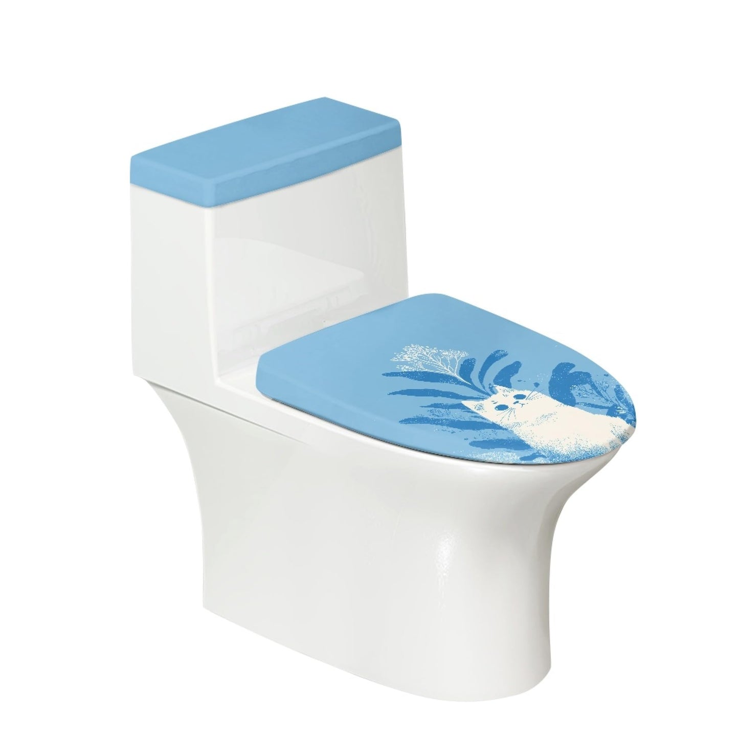 Cat Set of 2 Toilet Lid Cover Tank Set Plush Bathroom Set Beige Blue