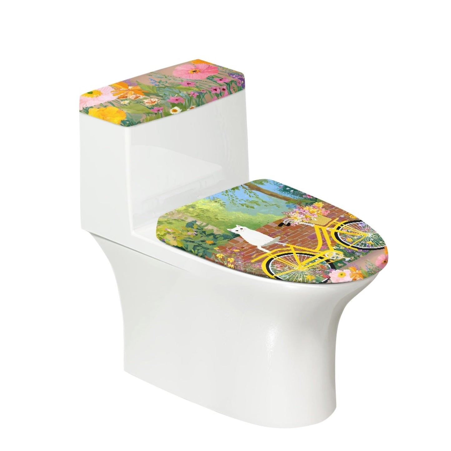 Cat Set of 2 Toilet Lid Cover Tank Set Plush Bathroom Set Beige Blue