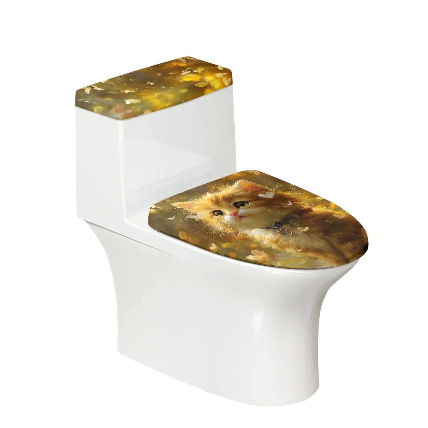Set of 2 Cute Cat Velvet Toilet Lid Tank Cover Soft Decor Yellow Brown