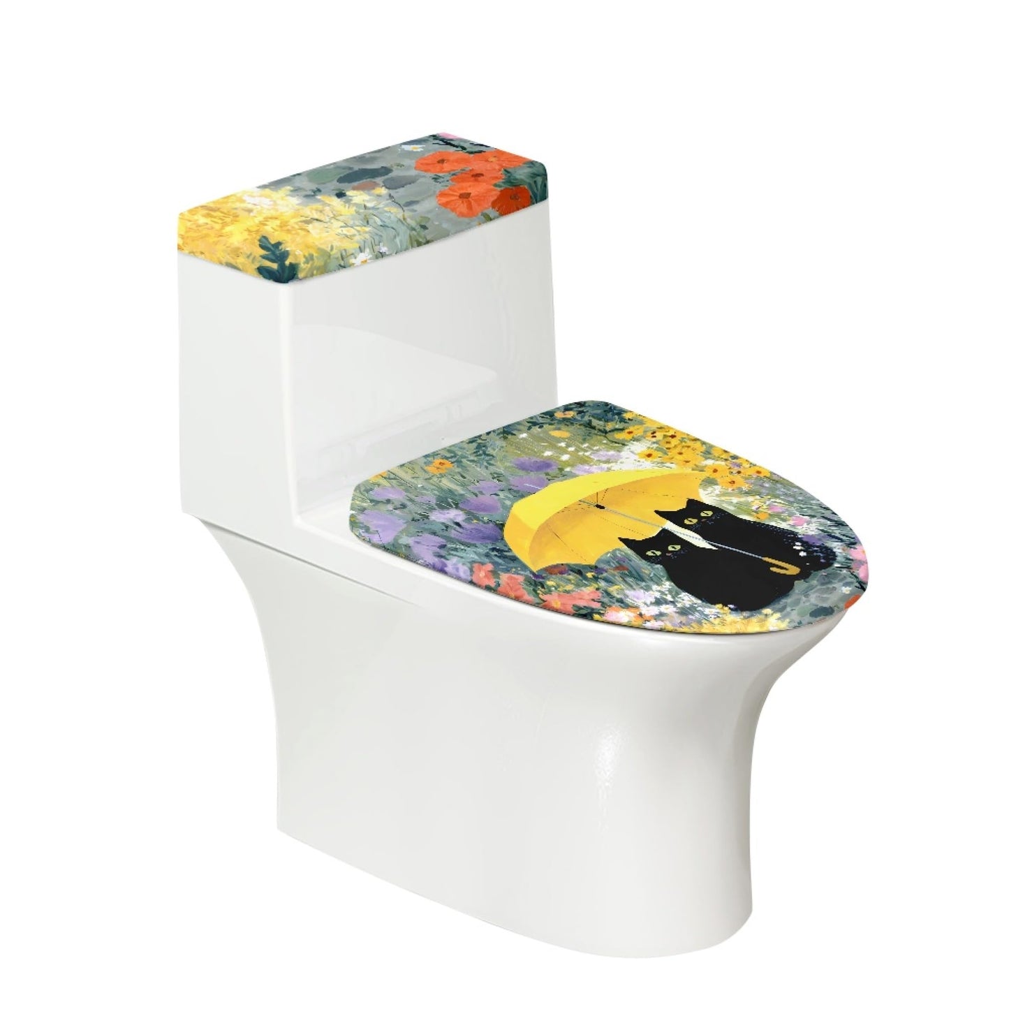 Cat Set of 2 Toilet Lid Cover Tank Set Plush Bathroom Set Beige Blue