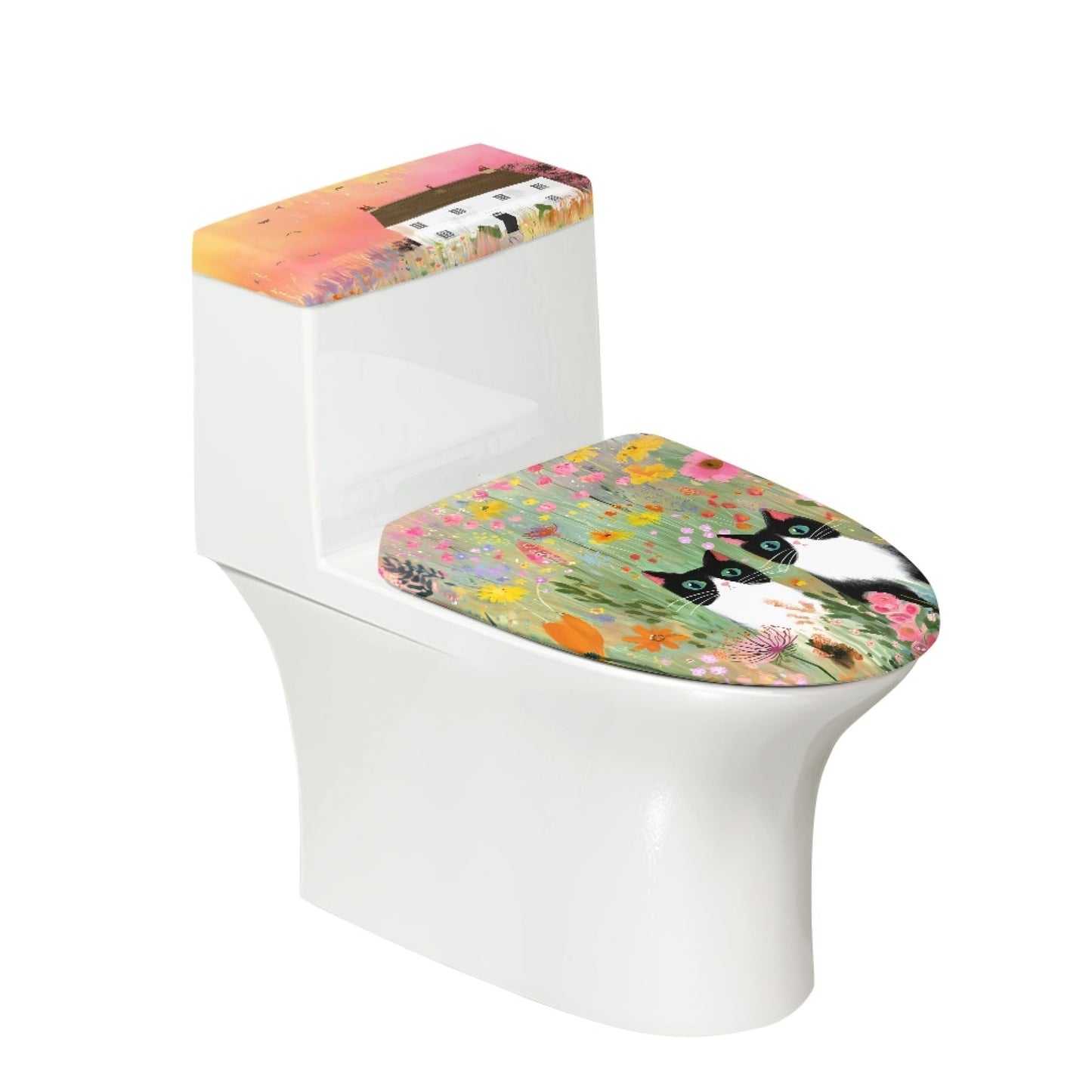Cat Set of 2 Toilet Lid Cover Tank Set Plush Bathroom Set Beige Blue