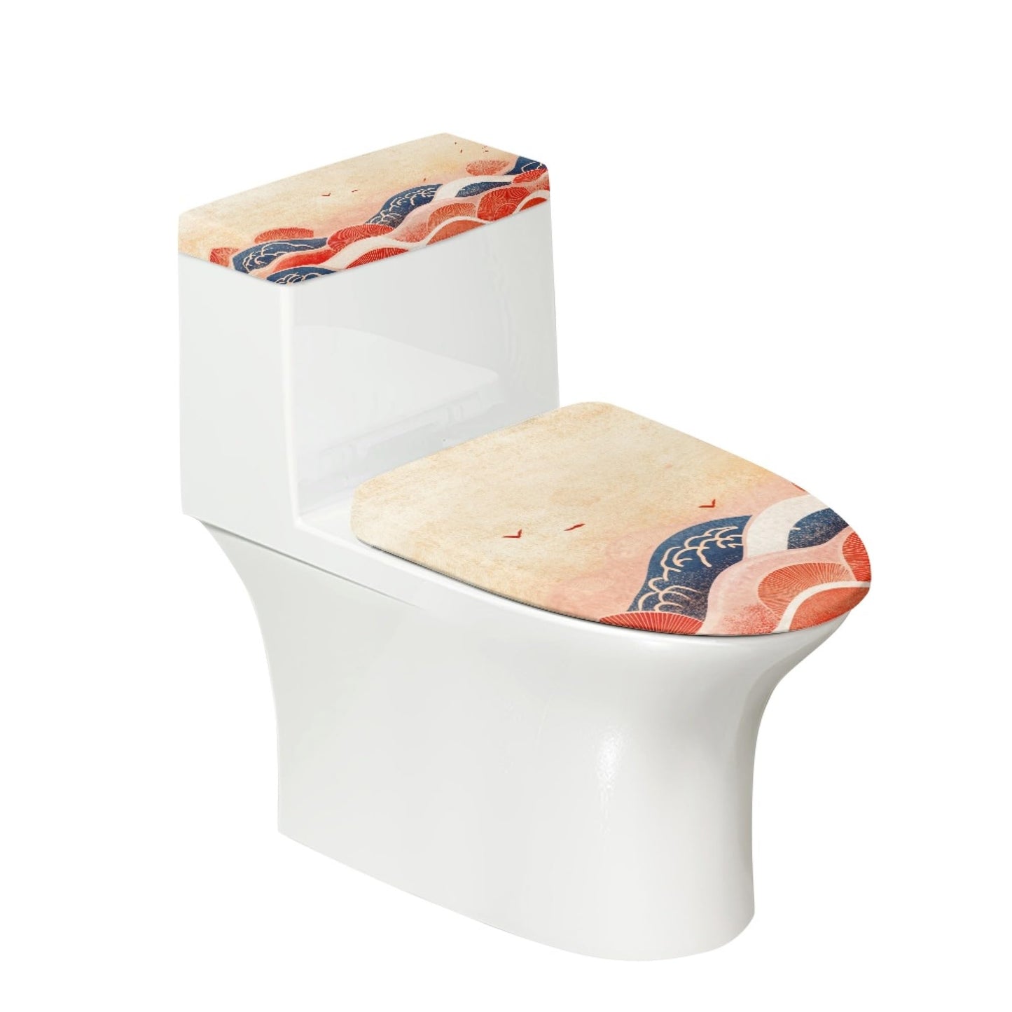 Set of 2 Japanese Waves Fish Toilet Lid Tank Cover Plush Navy White