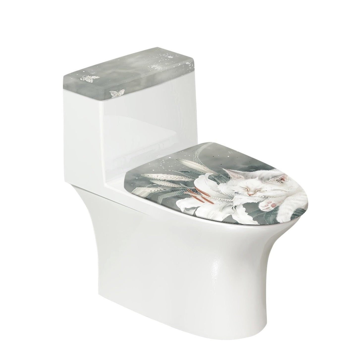 Set of 2 Cat Print Toilet Lid Tank Cover Soft Plush Set grey white