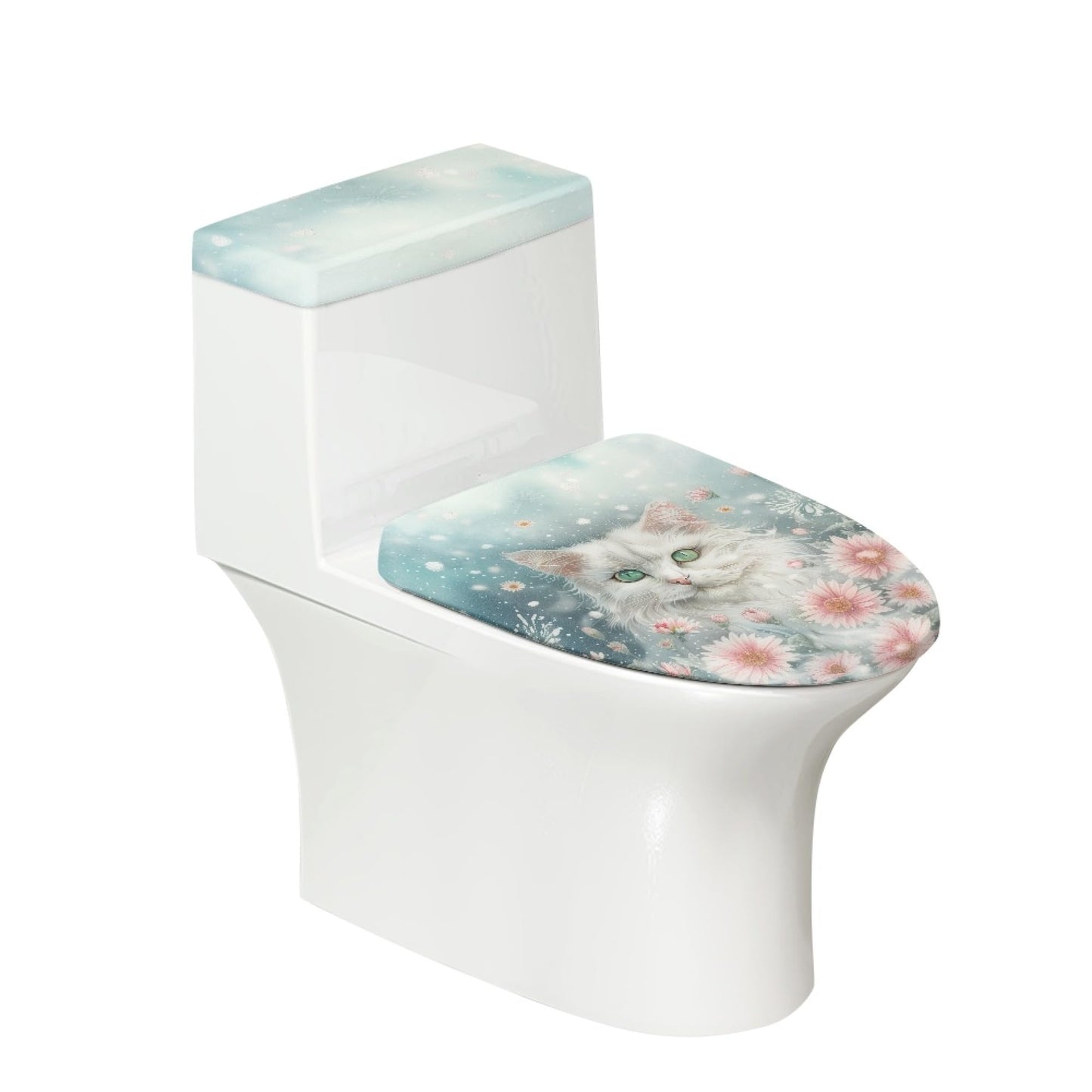 Set of 2 Cute Cat Velvet Toilet Lid Tank Cover Soft Decor Beige Brown