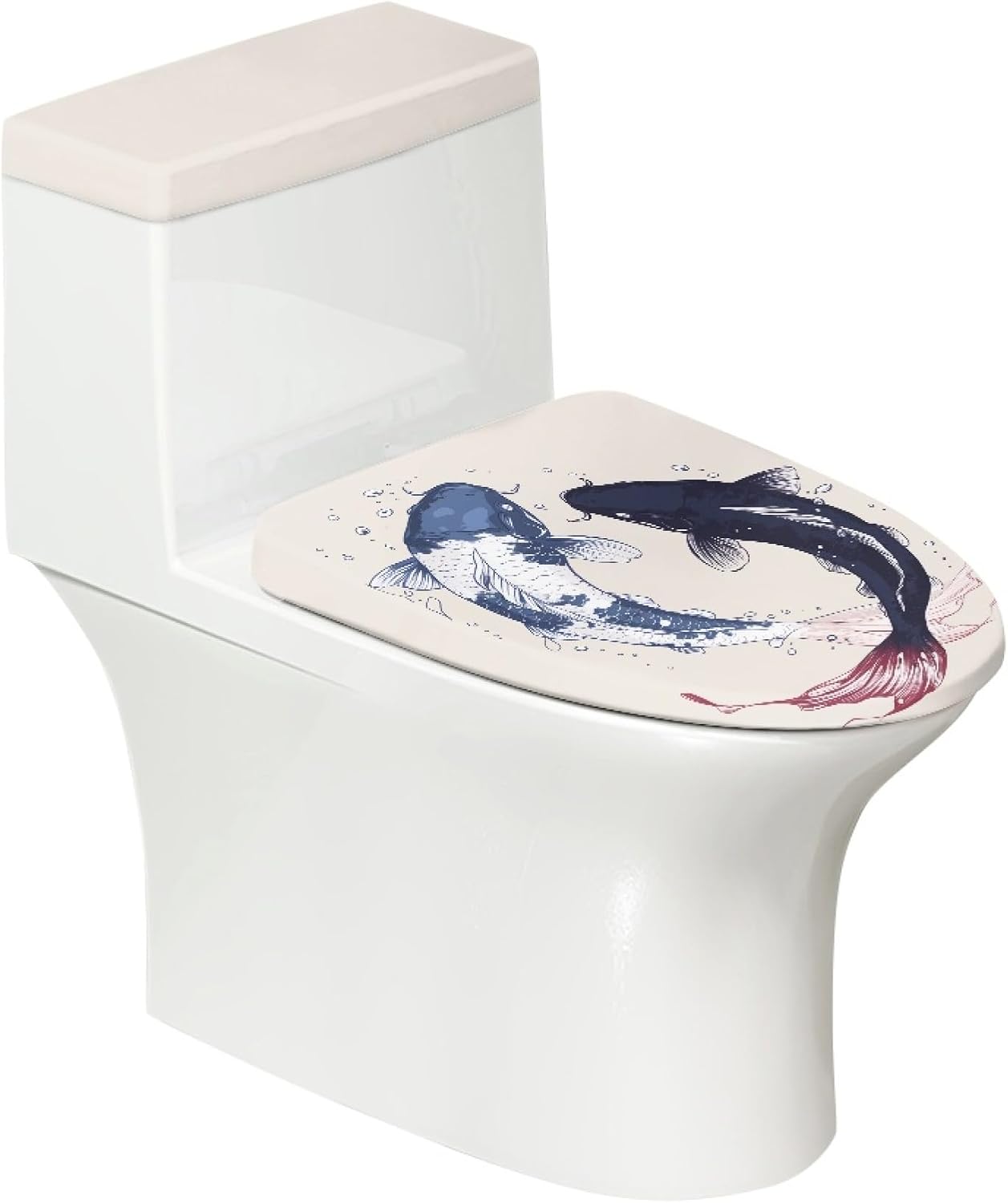 Set of 2 Japanese Waves Octopus Toilet Lid Tank Cover Art Teal Blue
