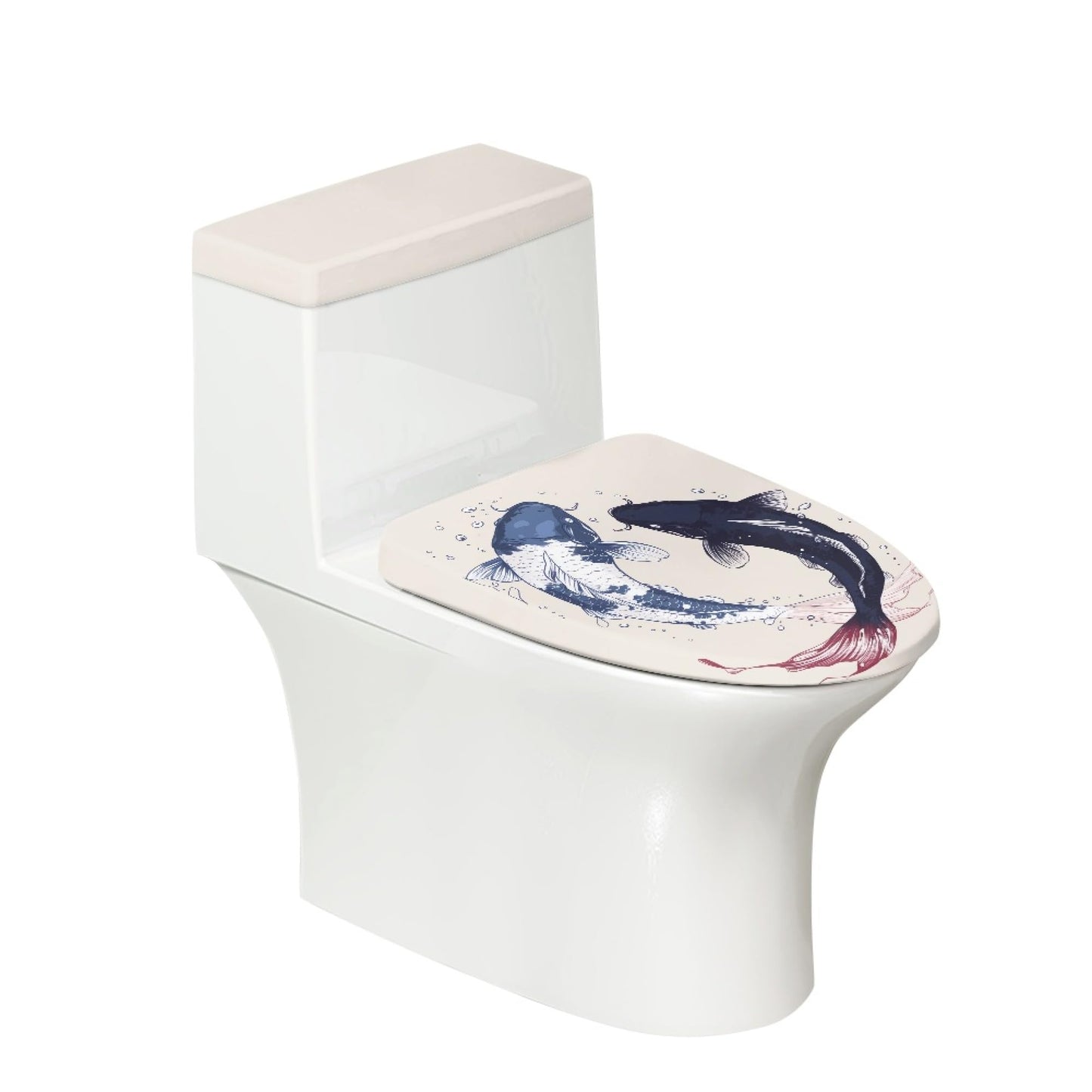 Set of 2 Japanese Waves Octopus Toilet Lid Tank Cover Art Teal Blue