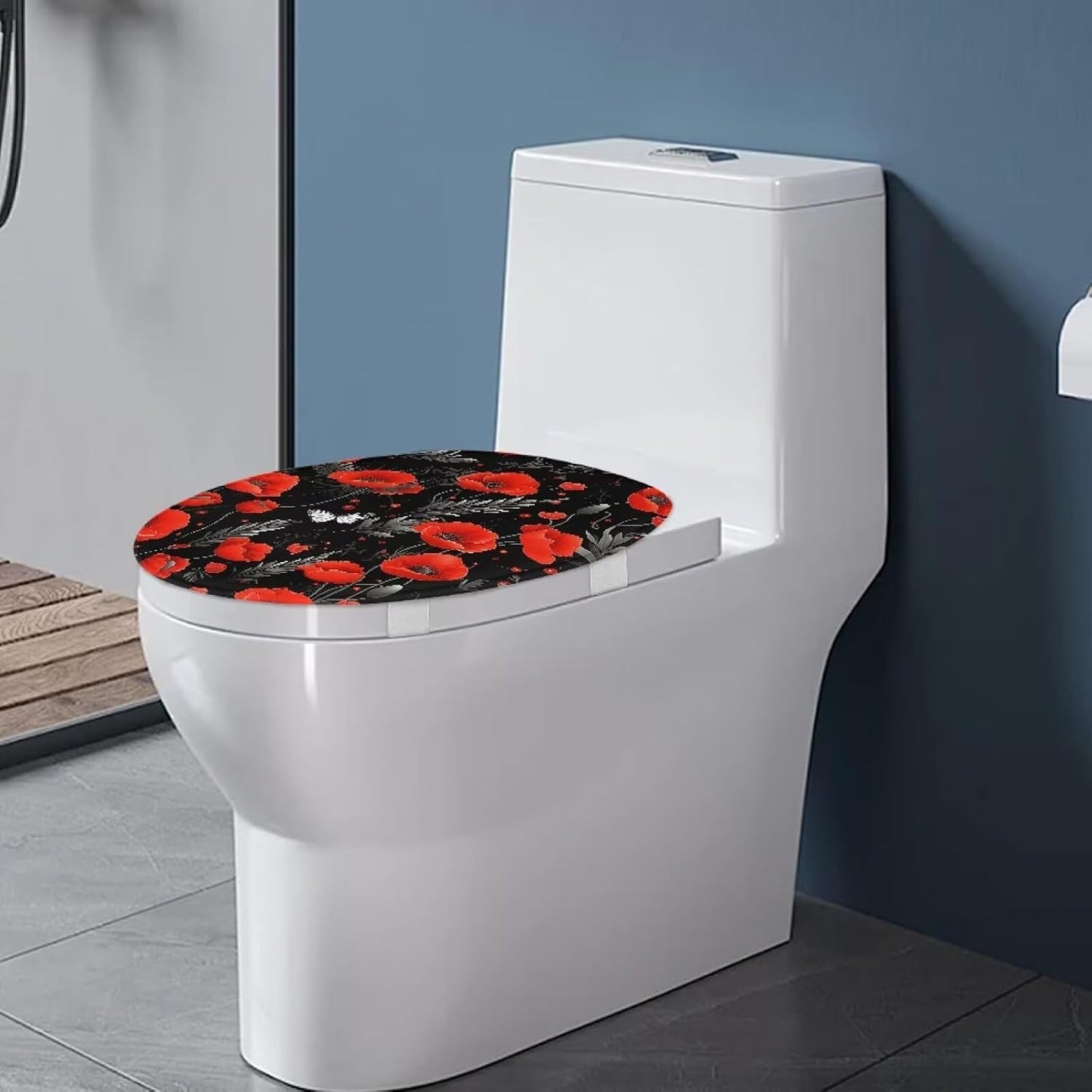 chaqlin Toilet Lid Cover Red Poppy Print Toilet Lid Seat Cover Washable Fabric Set, Novelty Gifts Fits Most Round, Elongated and Oblong Toilets