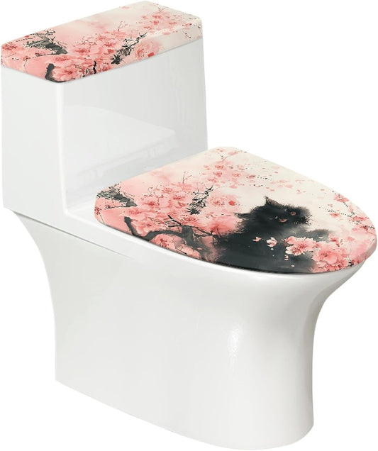 Set of 2 Cat Print Toilet Lid Tank Cover Soft Plush Set grey white