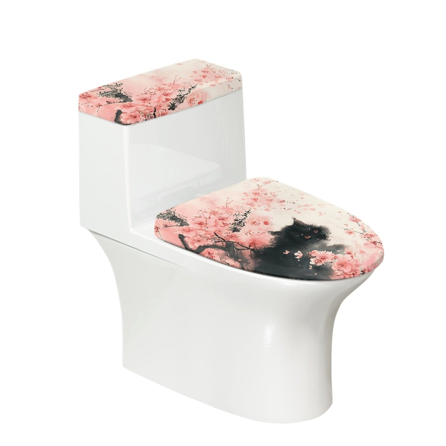 Set of 2 Cat Print Toilet Lid Tank Cover Soft Plush Set grey white