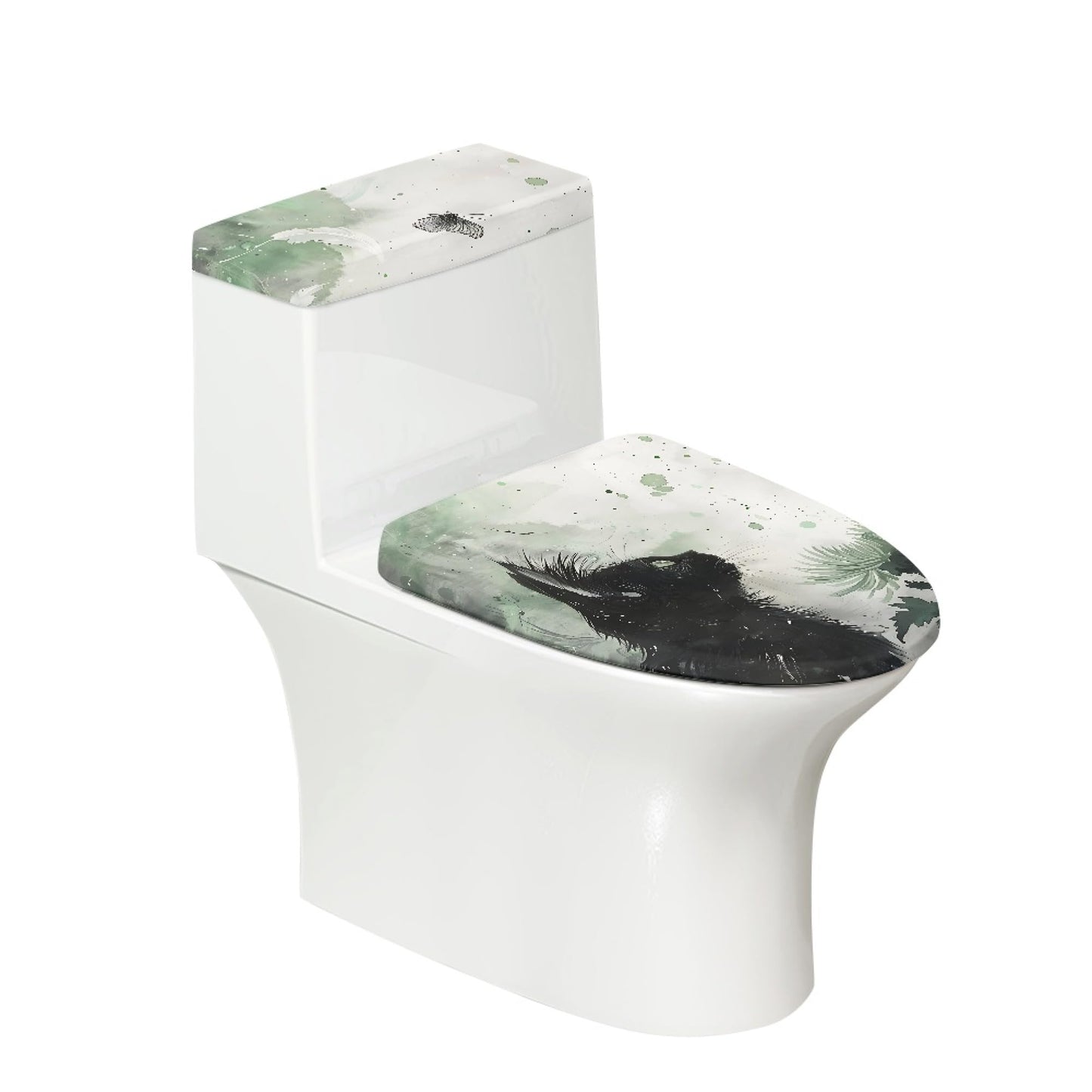 Set of 2 Cat Print Toilet Lid Tank Cover Soft Plush Set gray black
