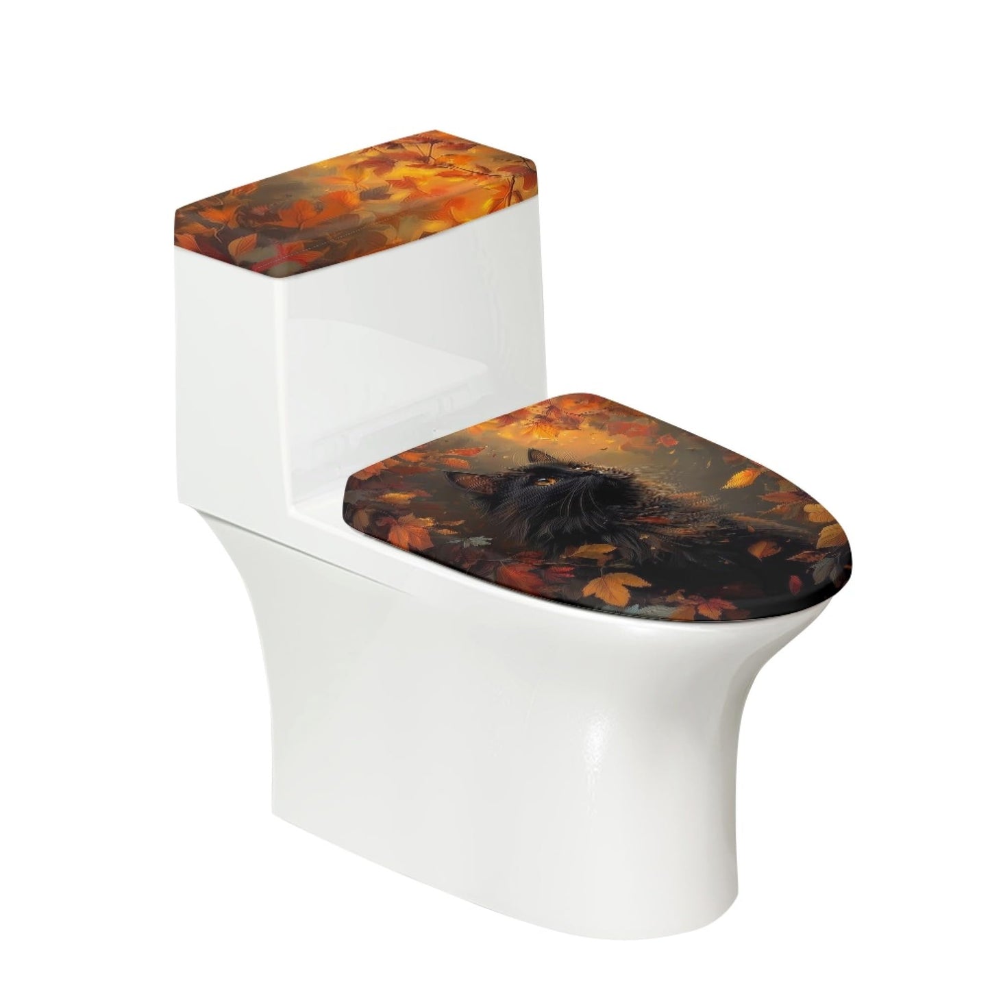 Set of 2 Cute Cat Velvet Toilet Lid Tank Cover Soft Decor Yellow Brown
