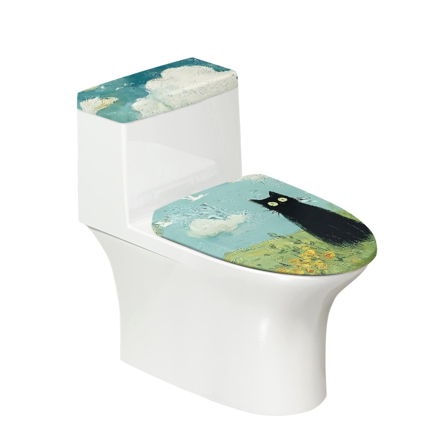 Cat Set of 2 Toilet Lid Cover Tank Set Plush Bathroom Set Beige Blue