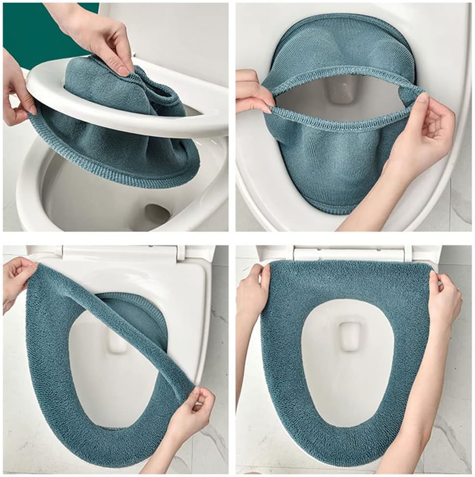 3Pcs/Pack Bathroom Soft Thicker Warmer Stretchable Washable Cloth Toilet Seat Cover Pads (Light Purple, Dark Green, Gray)