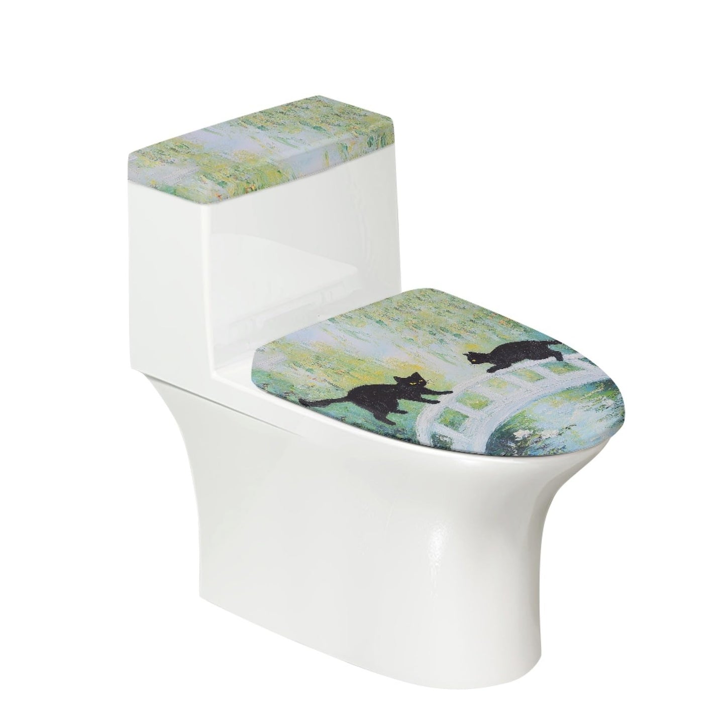Cat Set of 2 Toilet Lid Cover Tank Set Plush Bathroom Set Beige Blue
