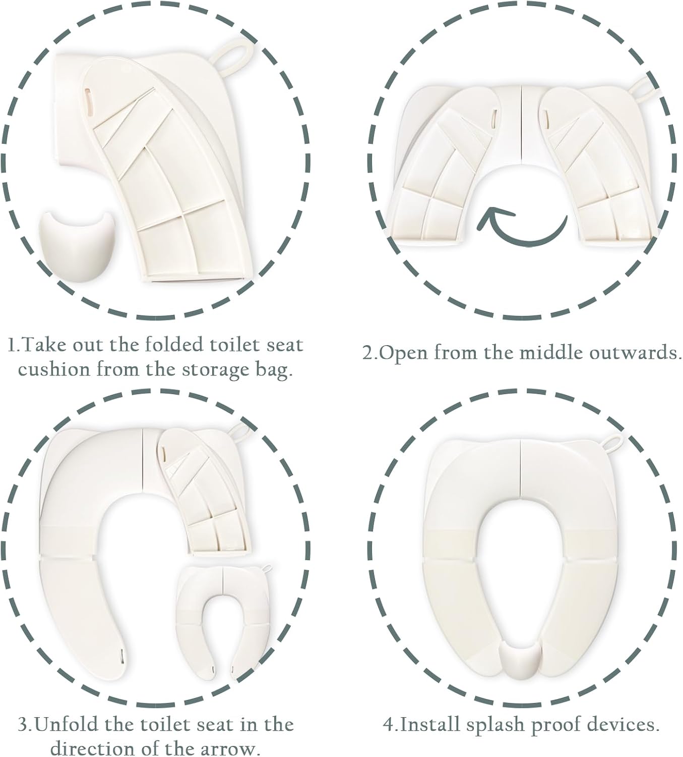 Kids Foldable Toilet Seat with Storage Bag - Training Urine Anti-Slip Toilet Seat Cover with Splash Guard for Children Toddlers, Portable & Travel-Friendly Easy Clean Universal Fit-White