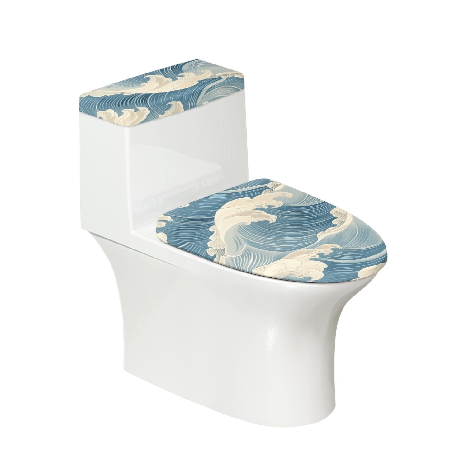 Set of 2 Japanese Waves Octopus Toilet Lid Tank Cover Art Teal Blue
