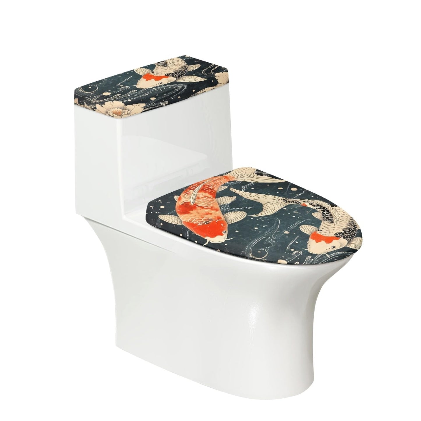 Set of 2 Japanese Waves Octopus Toilet Lid Tank Cover Art Teal Blue