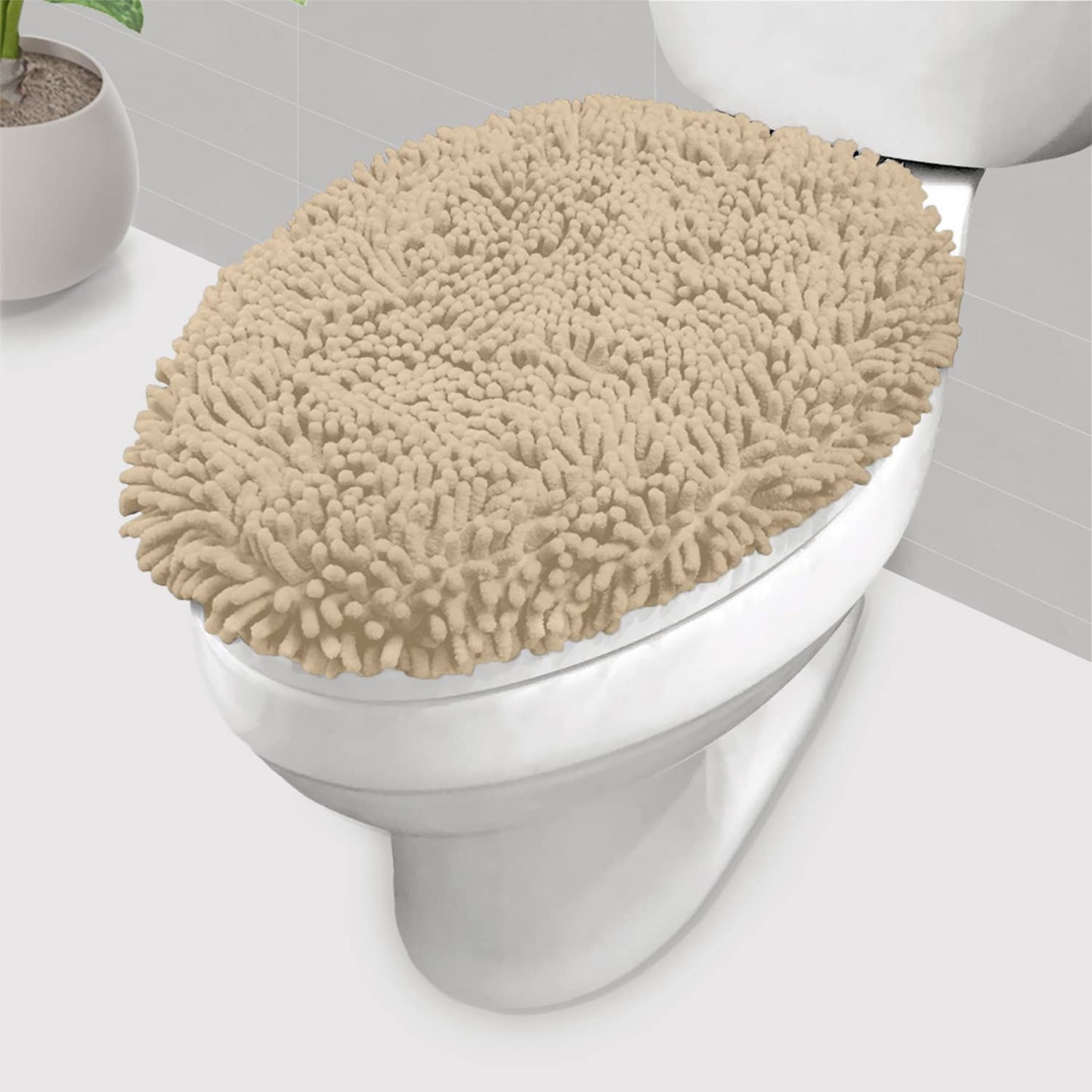 LuxUrux Premium Chenille Microfiber Toilet Lid Cover, Soft Plush Toilet Seat Cover Set for Bathroom, Non-Slip Stretch Fit, Machine Washable, Fits Standard & Elongated Toilet Seat Lid (Light Gray)
