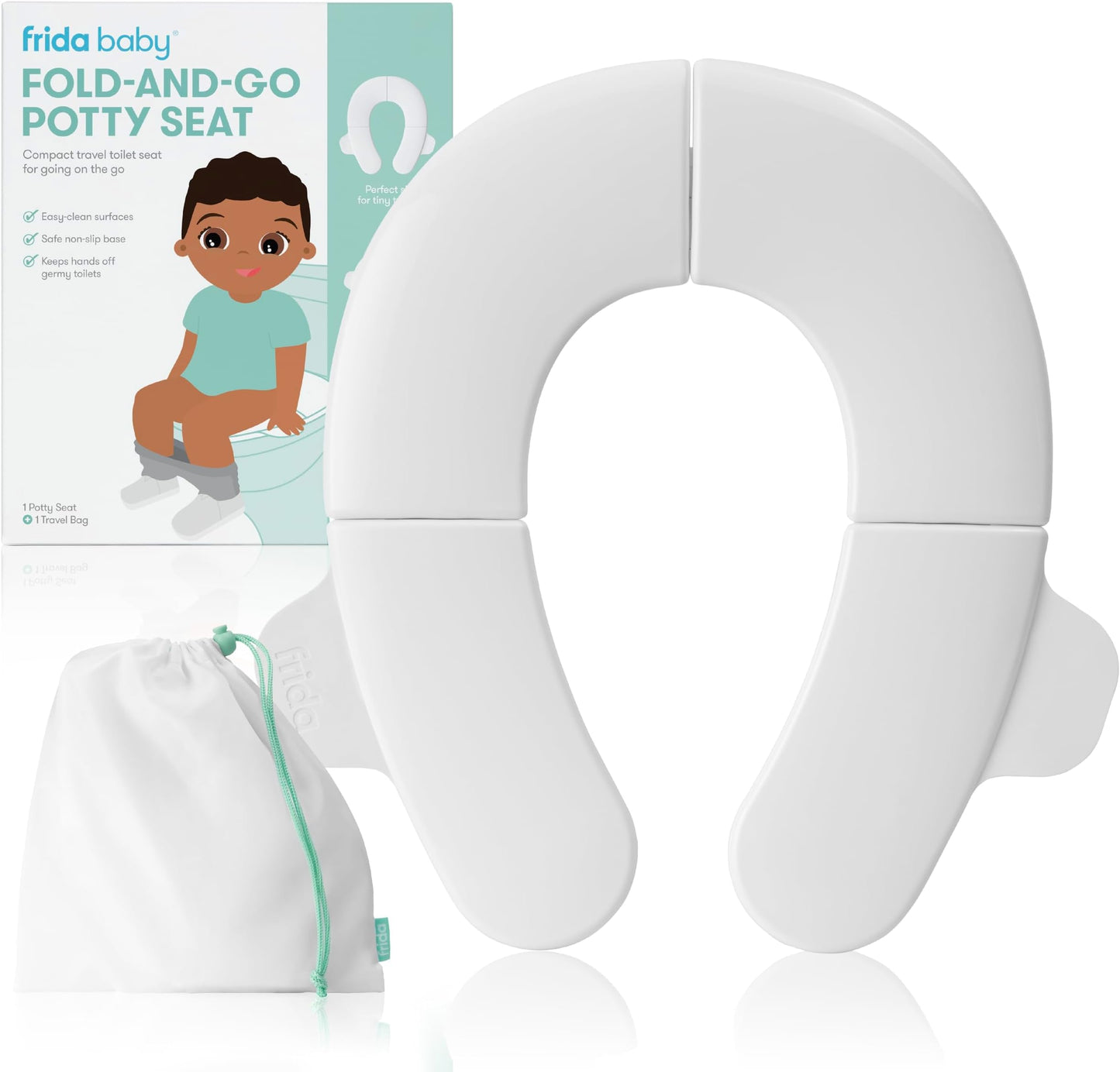 Frida Baby Fold-and-Go Portable Potty Seat for Toilet, Toddlers, Free Bag | Foldable Travel Potty Seat Fits Round & Oval Toilets, Non-Slip Base, Handles, Free Travel Bag