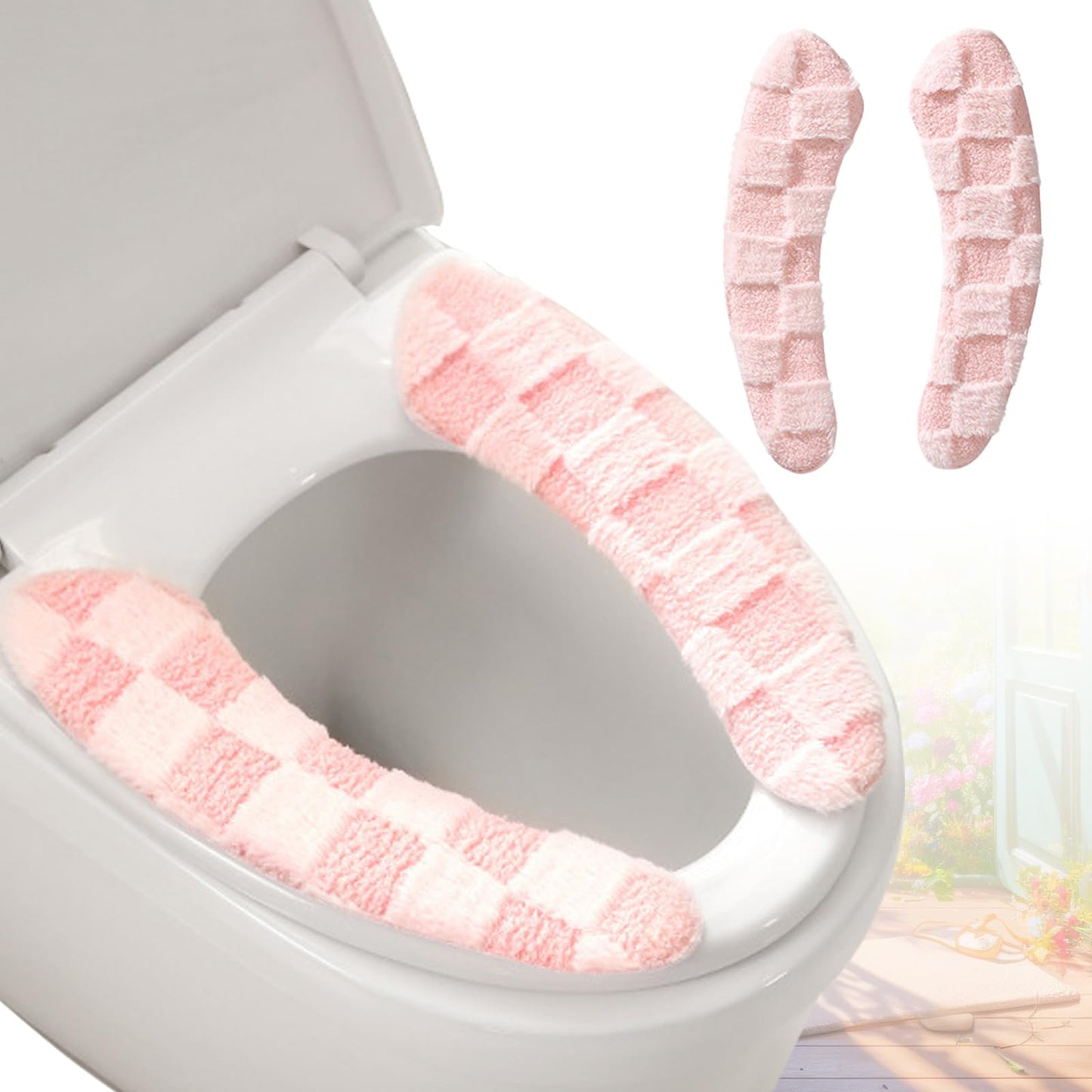 Thick and Warm Plush Toilet Seat Cover – Washable, Reusable Cushion with TPR Adhesive & Checkered Pattern for Comfort & Insulation (White)