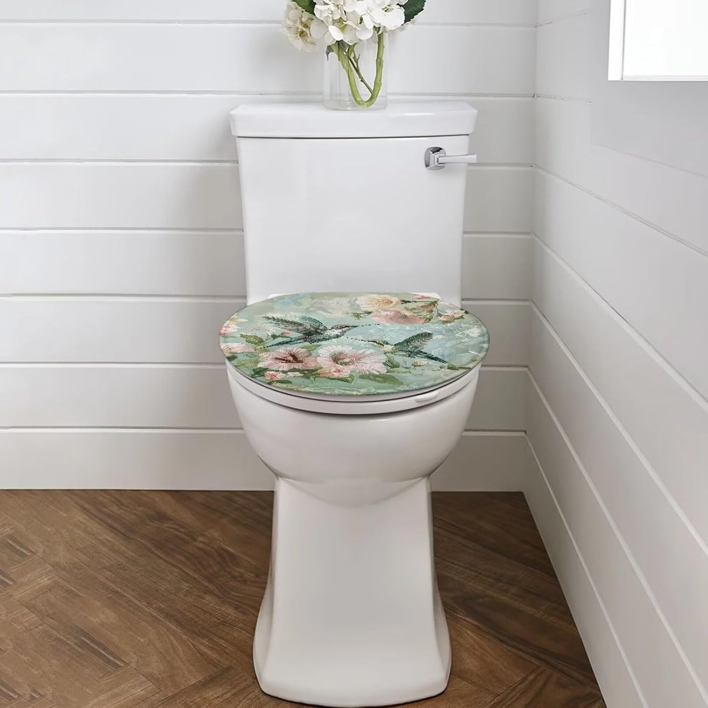 Hummingbird Flower Toilet Lid Covers for Bathroom Hummingbird Flower Toilet Seat Cushion Cover Elongated Reusable Replacement Fabric Elastic Washable Dust Covers