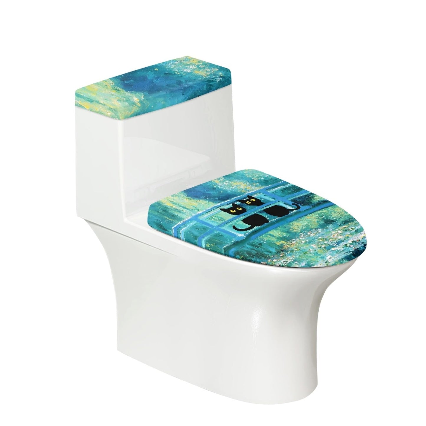 Cat Set of 2 Toilet Lid Cover Tank Set Plush Bathroom Set Beige Blue