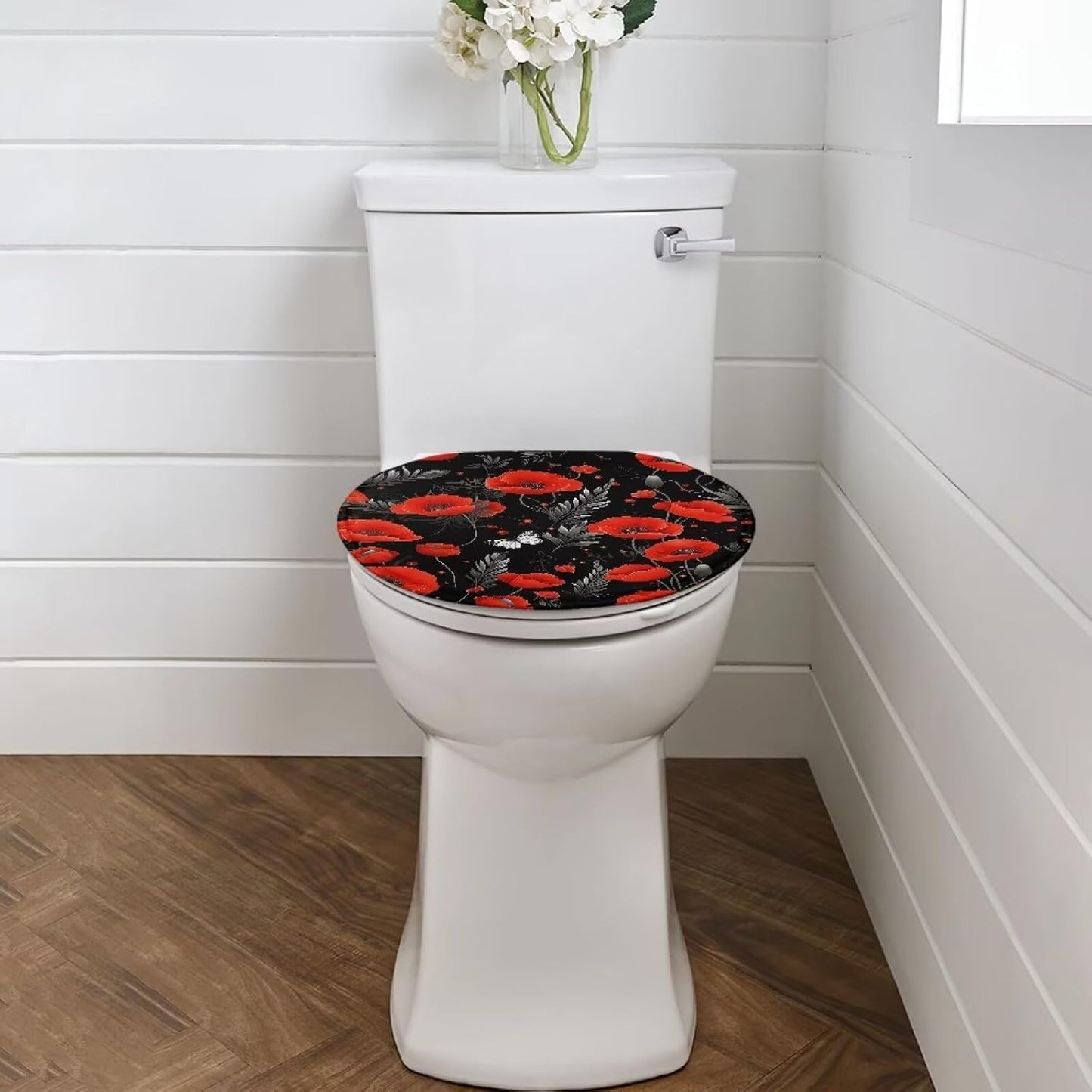 chaqlin Toilet Lid Cover Red Poppy Print Toilet Lid Seat Cover Washable Fabric Set, Novelty Gifts Fits Most Round, Elongated and Oblong Toilets