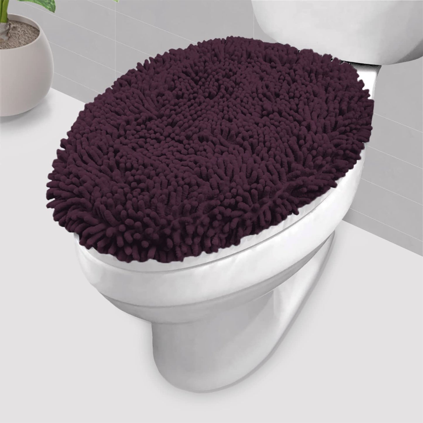 LuxUrux Premium Chenille Microfiber Toilet Lid Cover, Soft Plush Toilet Seat Cover Set for Bathroom, Non-Slip Stretch Fit, Machine Washable, Fits Standard & Elongated Toilet Seat Lid (Light Gray)