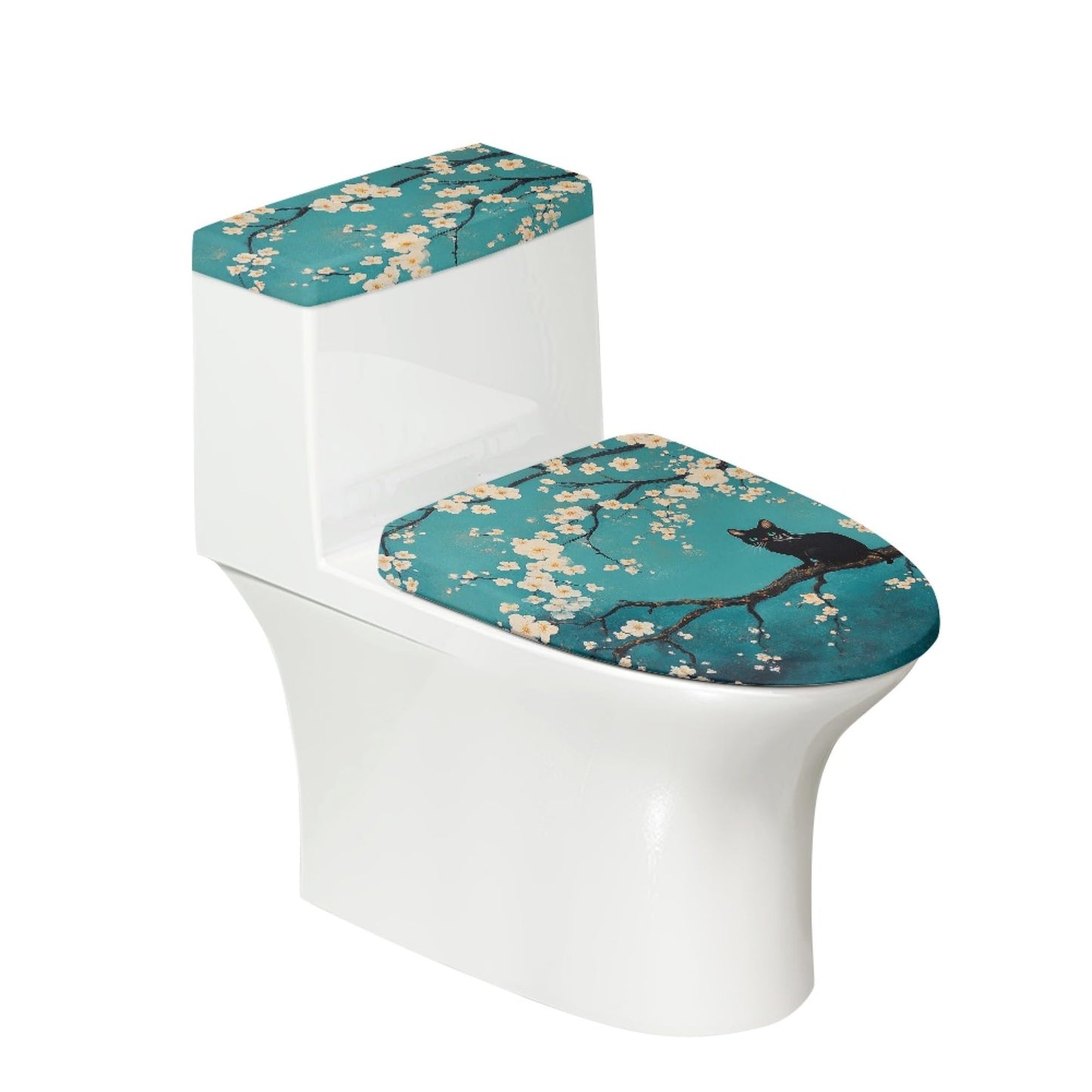 Cat Set of 2 Toilet Lid Cover Tank Set Plush Bathroom Set Beige Blue