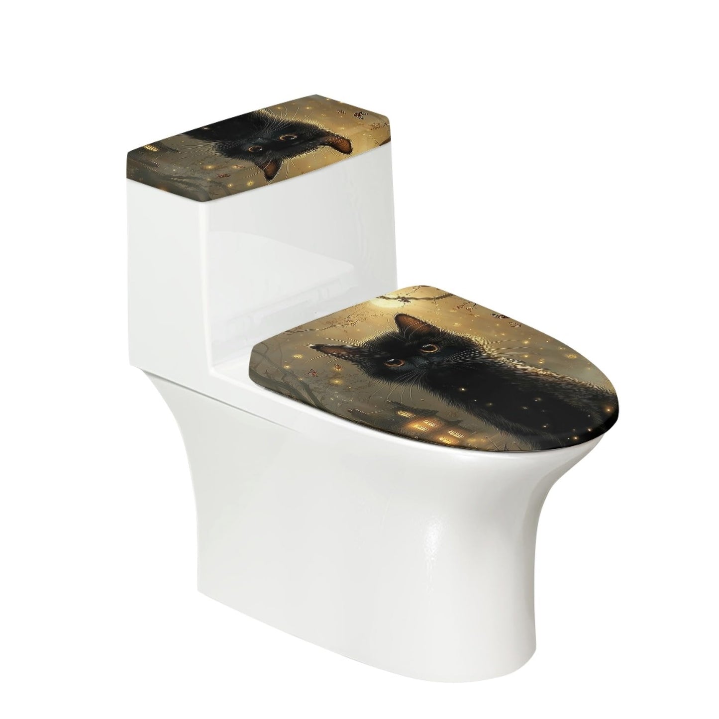 Set of 2 Cute Cat Velvet Toilet Lid Tank Cover Soft Decor Beige Brown