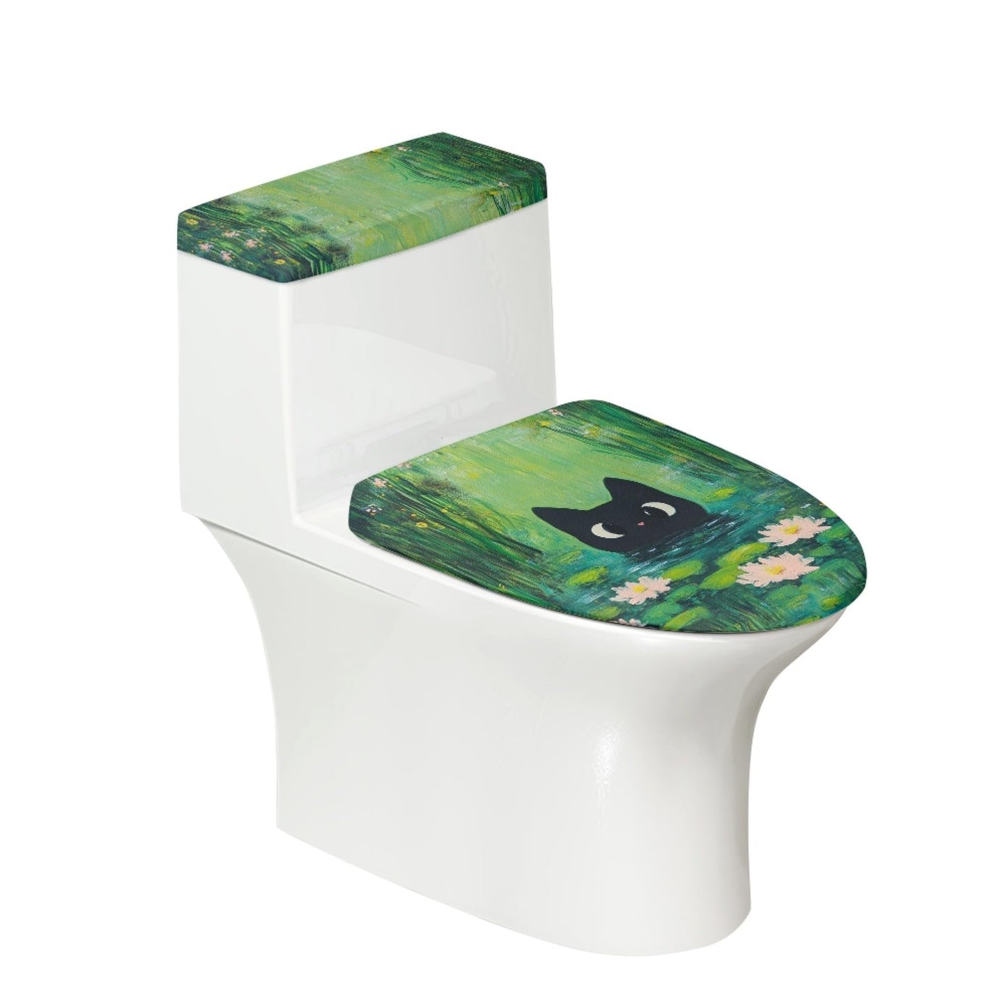 Cat Set of 2 Toilet Lid Cover Tank Set Plush Bathroom Set Beige Blue
