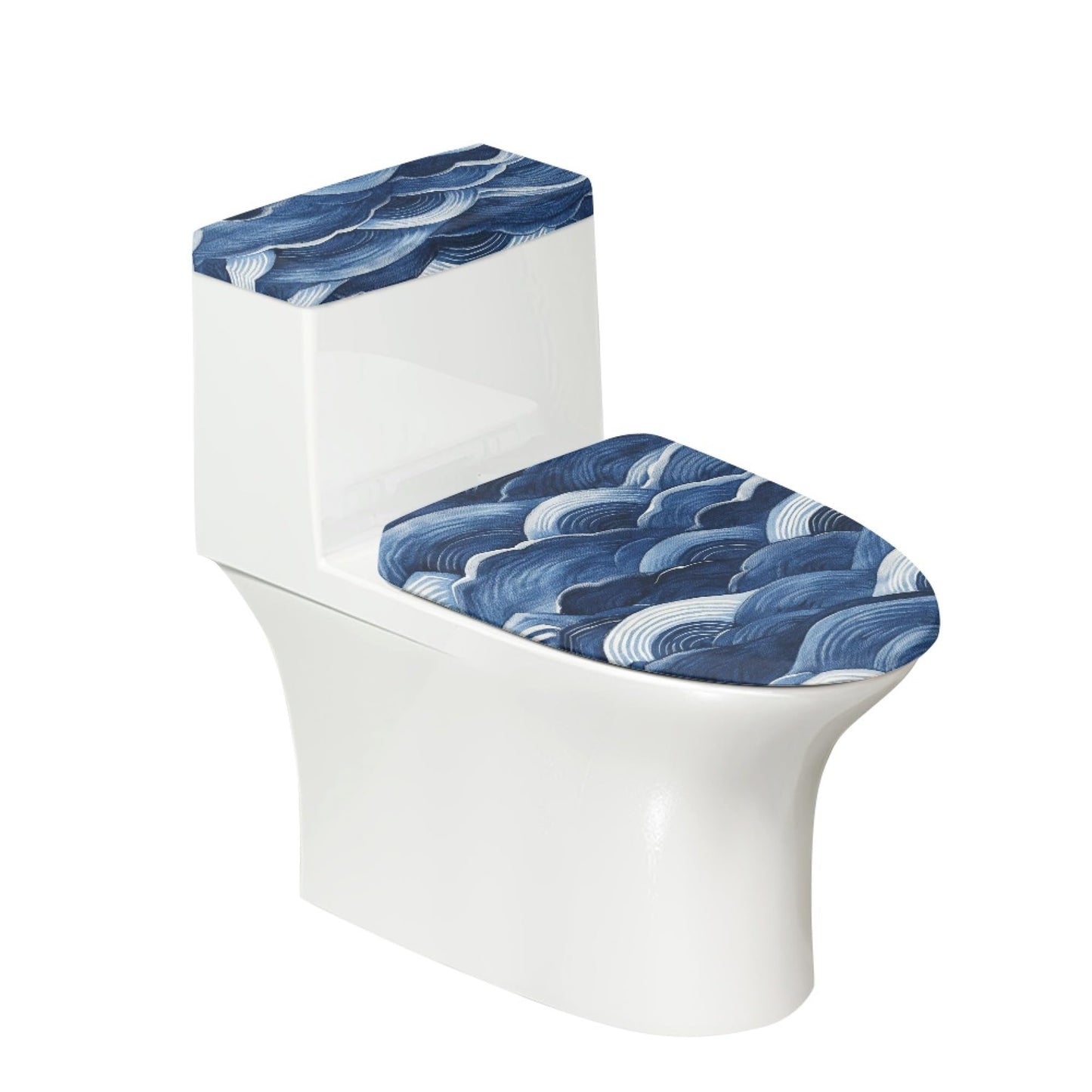 Set of 2 Japanese Waves Fish Toilet Lid Tank Cover Plush Navy White