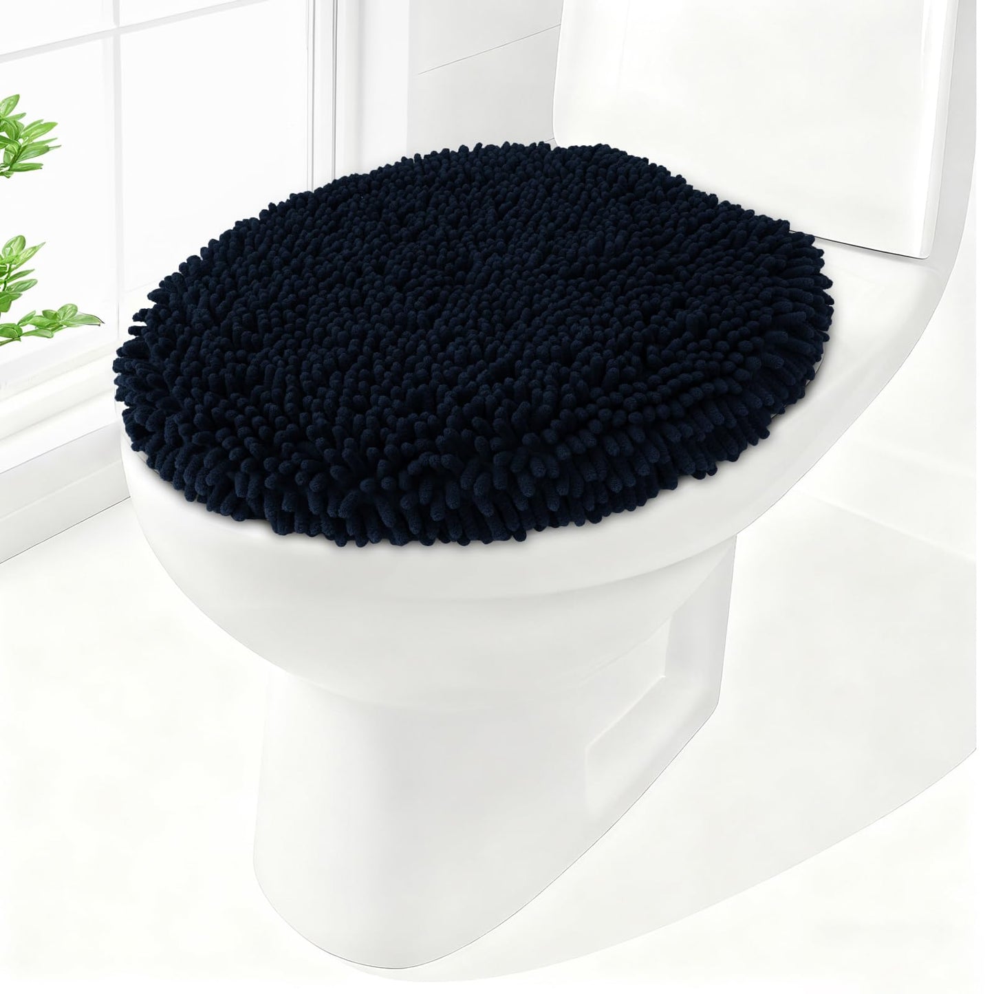 Soft Chenille Toilet Lid Cover 19.5L x 18.5W Machine Washable | Toilet Seat Cover Adjustable Rubber Backing Fits Most Round Elongated and Oblong Lids