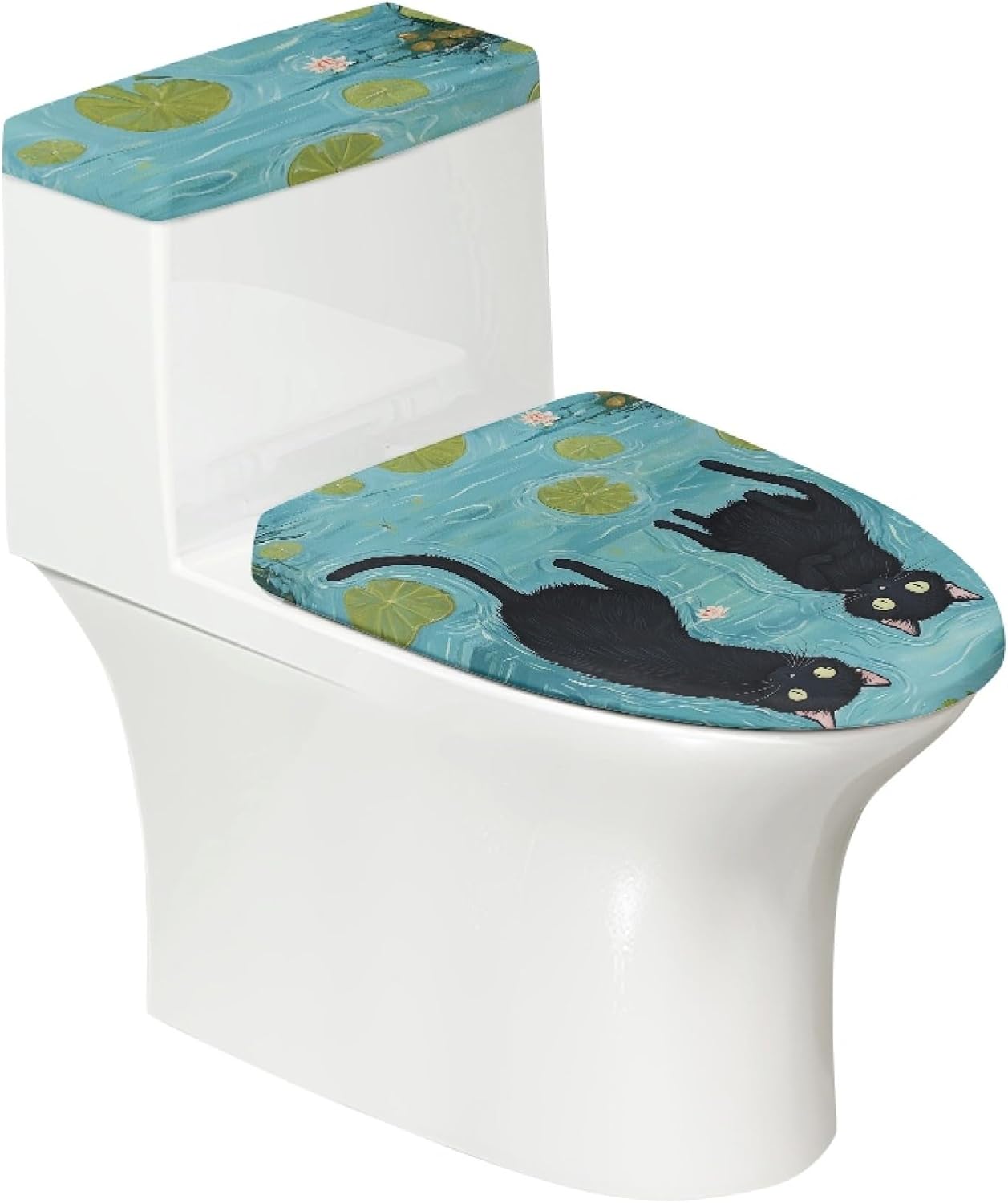 Cat Set of 2 Toilet Lid Cover Tank Set Plush Bathroom Set Beige Blue