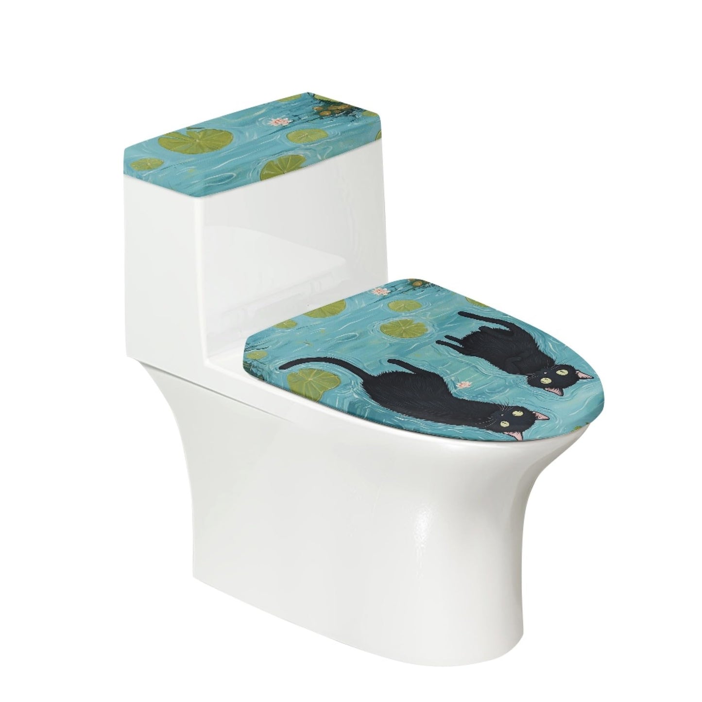 Cat Set of 2 Toilet Lid Cover Tank Set Plush Bathroom Set Beige Blue